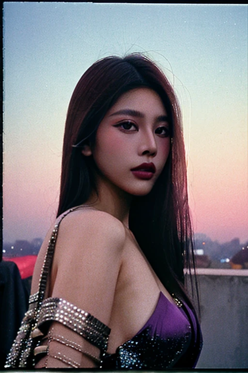 a fashion lookbook portrait of a female fashion model wearing haute couture, experimental, shot on kodak professional medium format film, liminal industrial background in, (smoke|fire works:1.05), (dawn|dusk:1.05), (spring|summer:1.05), no makeup, 1girl, large breast, (close up:1.4), vibrant, DarkViolet,
