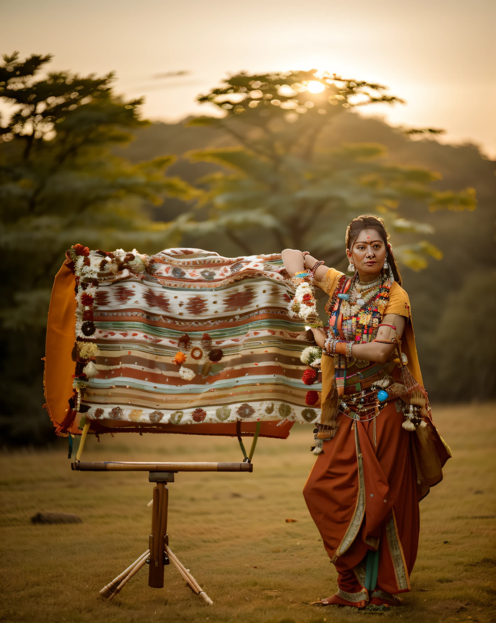 Ultra 8k, araffe woman standing in a field with a blanket on a tripod, wearing an elegant tribal outfit, traditional photography, traditional costume, traditional dress, she is dressed in shaman clothes, traditional beauty, indian style, captured on canon eos r 6, shot on nikon z9, a young female shaman, traditional clothes, india, wearing traditional garb