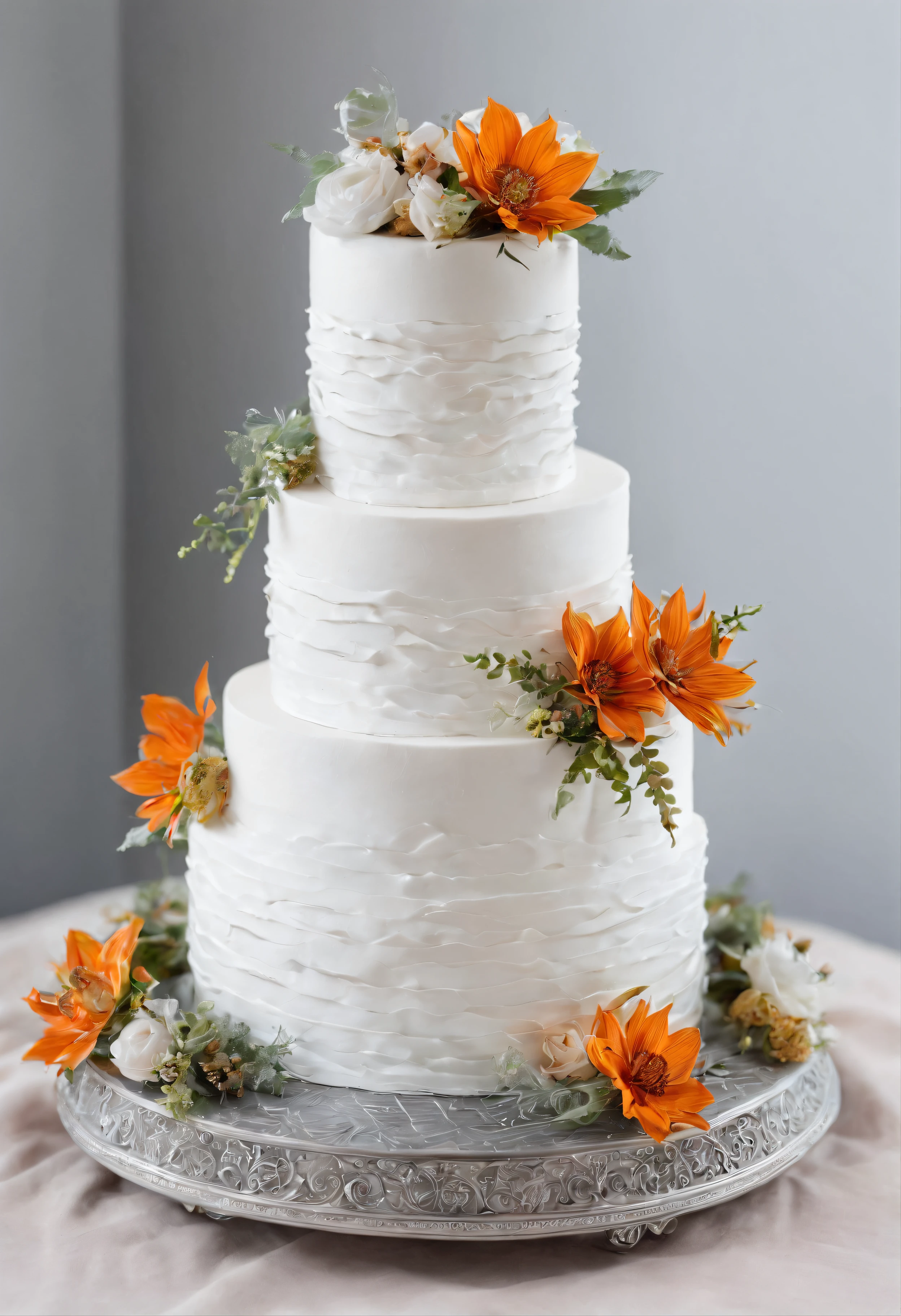 {{wedding cake}}，white, intricate icing detail，perfect, 5 tier，wedding table, rustic table background，outdoor, Anatomically correct，High quality, Best quality, A high resolution, wedding table background, wild flowers