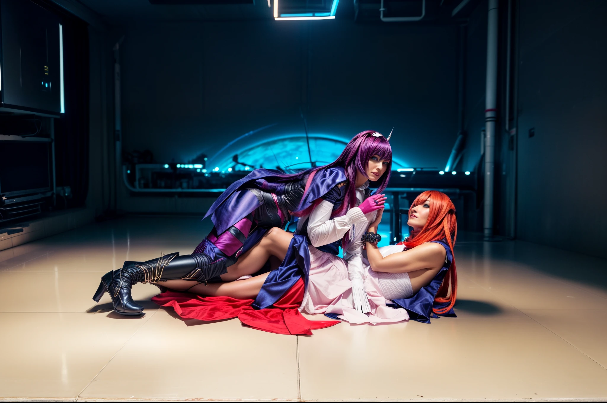 there are two women that are sitting on the floor together, macross delta, macross frontier, publicity cosplay, cosplay photo, glamourous cosplay, macross, cosplay, captured on canon eos r 6, style of macross, aquarion, ayaka cosplay, anime cosplay, genesis of aquarion, in cyberpunk style, taken with canon eos 5 d mark iv, perfect face, (perfect photo), ((((super quality)))