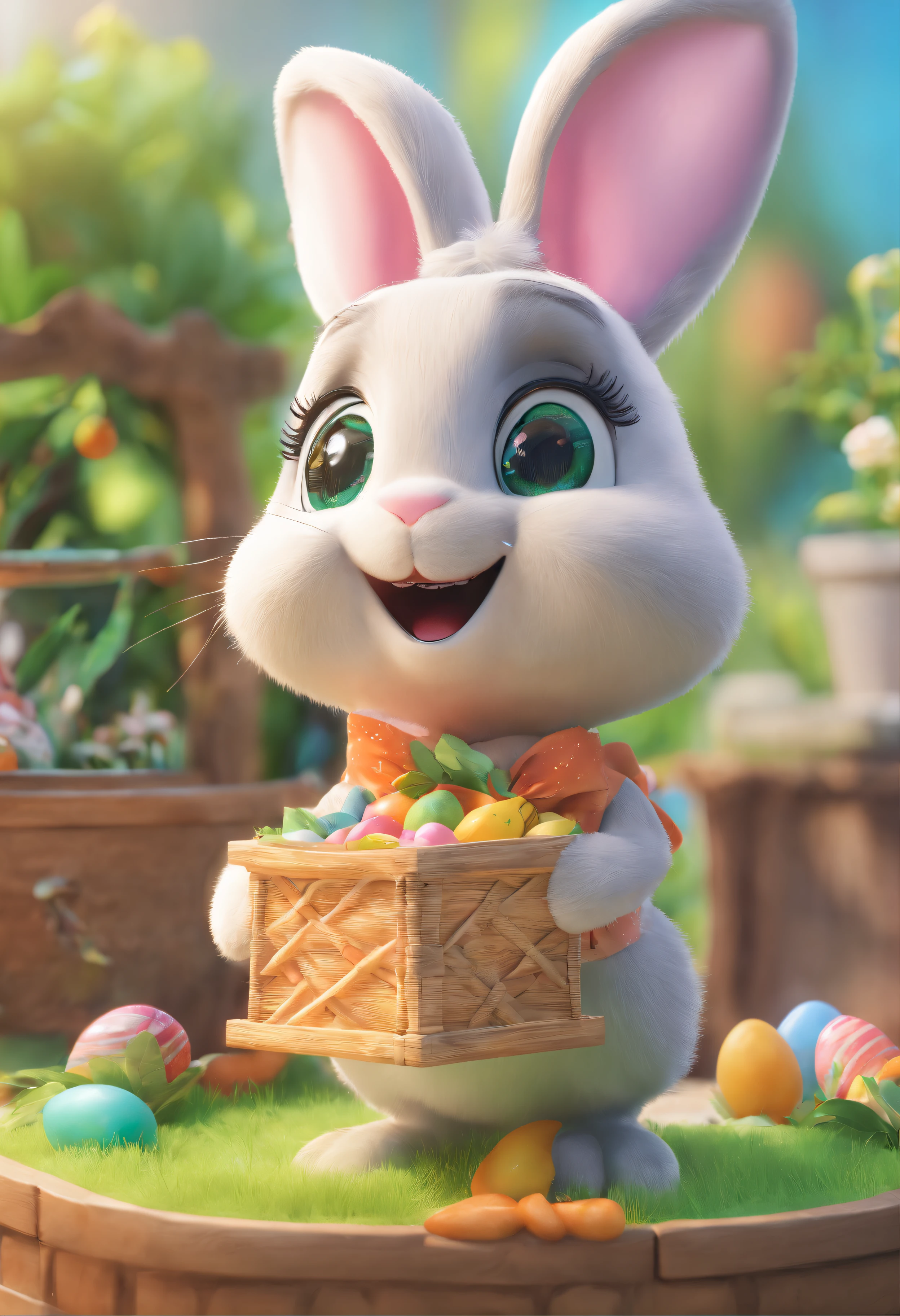 (Bunny cutie), (best quality,4k,8k,highres,masterpiece:1.2), ultra-detailed, realistic:1.37,
big-eyed cute bunny, adorable bunny, fluffy white fur, dressed in green gym clothes, holding a box in hands, wearing an apron, easter, chocolate mess