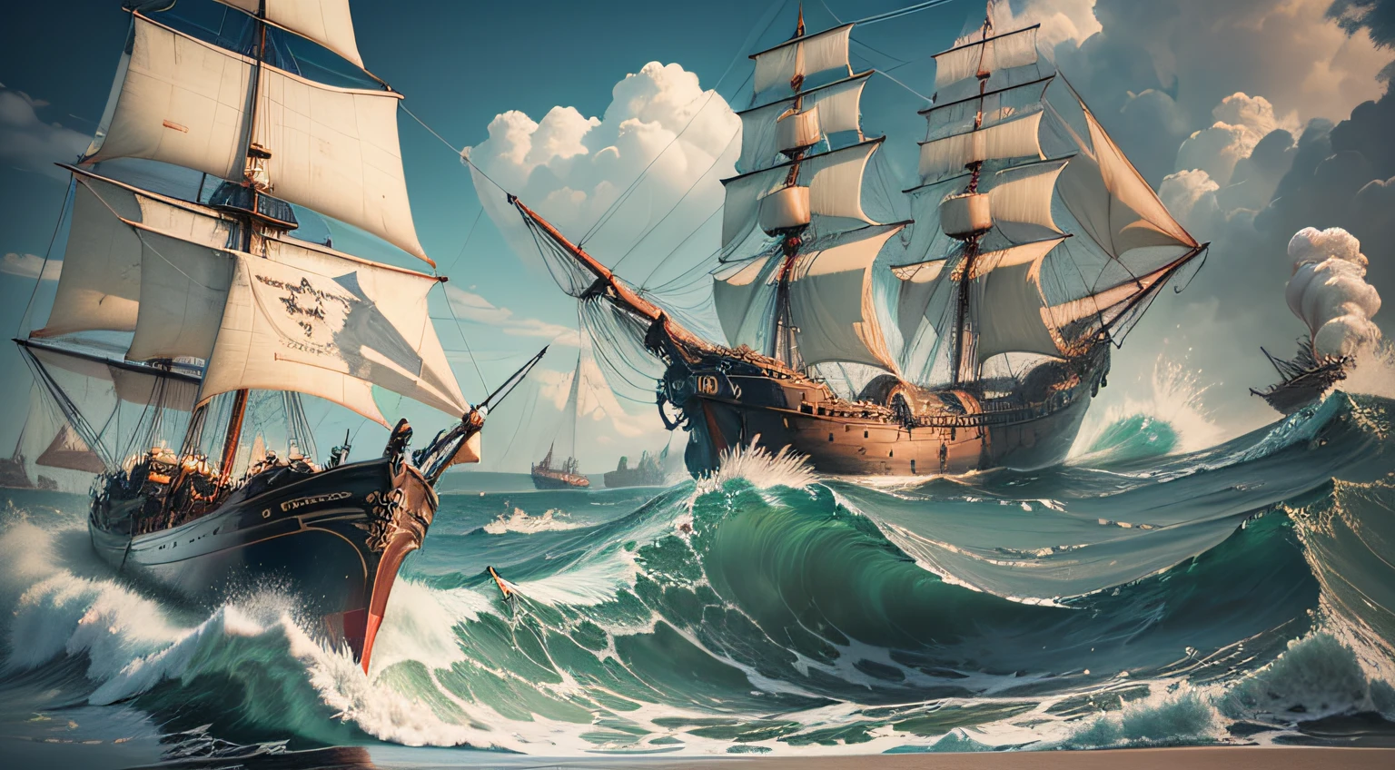 3d, posters of vintage waves and pirate ships, war vibes, vintage color combination, cartoon style --auto --s2