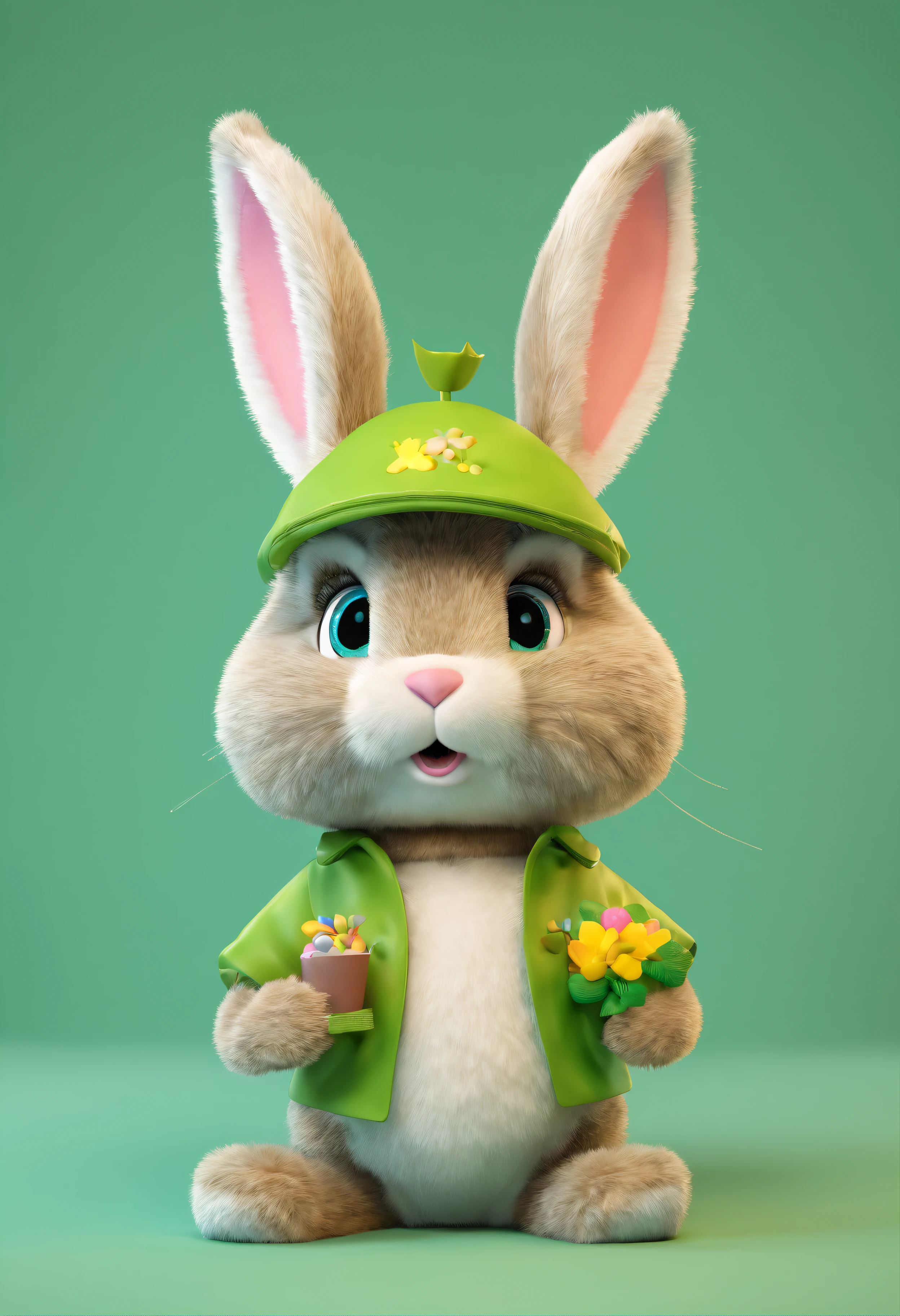(Bunny cutie), (best quality,4k,8k,highres,masterpiece:1.2), ultra-detailed, realistic:1.37,
big-eyed cute bunny, adorable bunny, fluffy white fur, dressed in green gym clothes, holding a box in hands, wearing a cap, easter