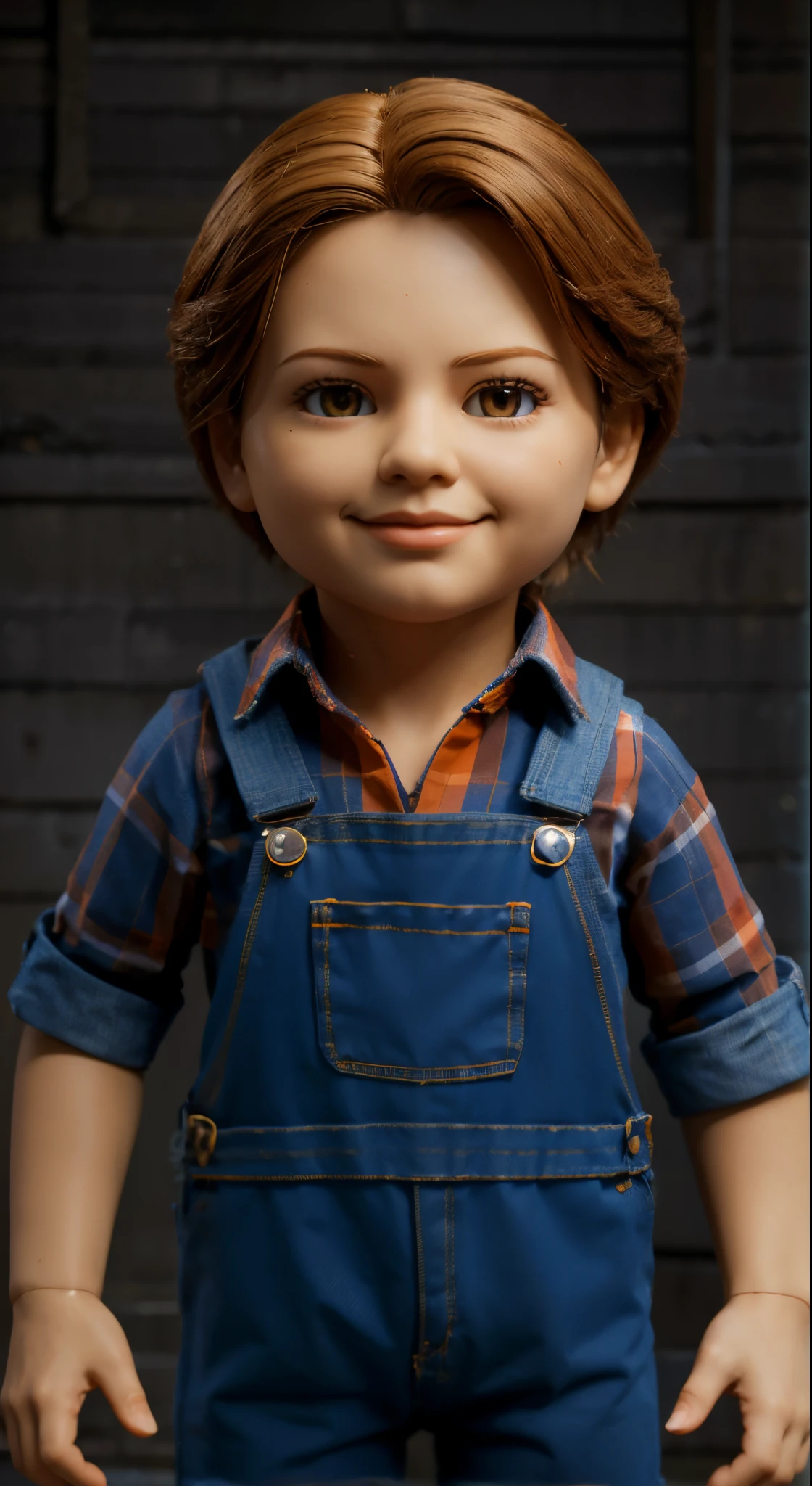 Boneca Goodguys, with medium brown straight hair, the iconic killer doll, com um sorriso sutil no rosto, um fundo claro com uma camisa de manga xadrez laranja, with denim overalls. Com sapatos laranja, criando uma atmosfera de terror, a 3D model with high-resolution textures and realistic lighting, --AR 16:9 --v 5 -