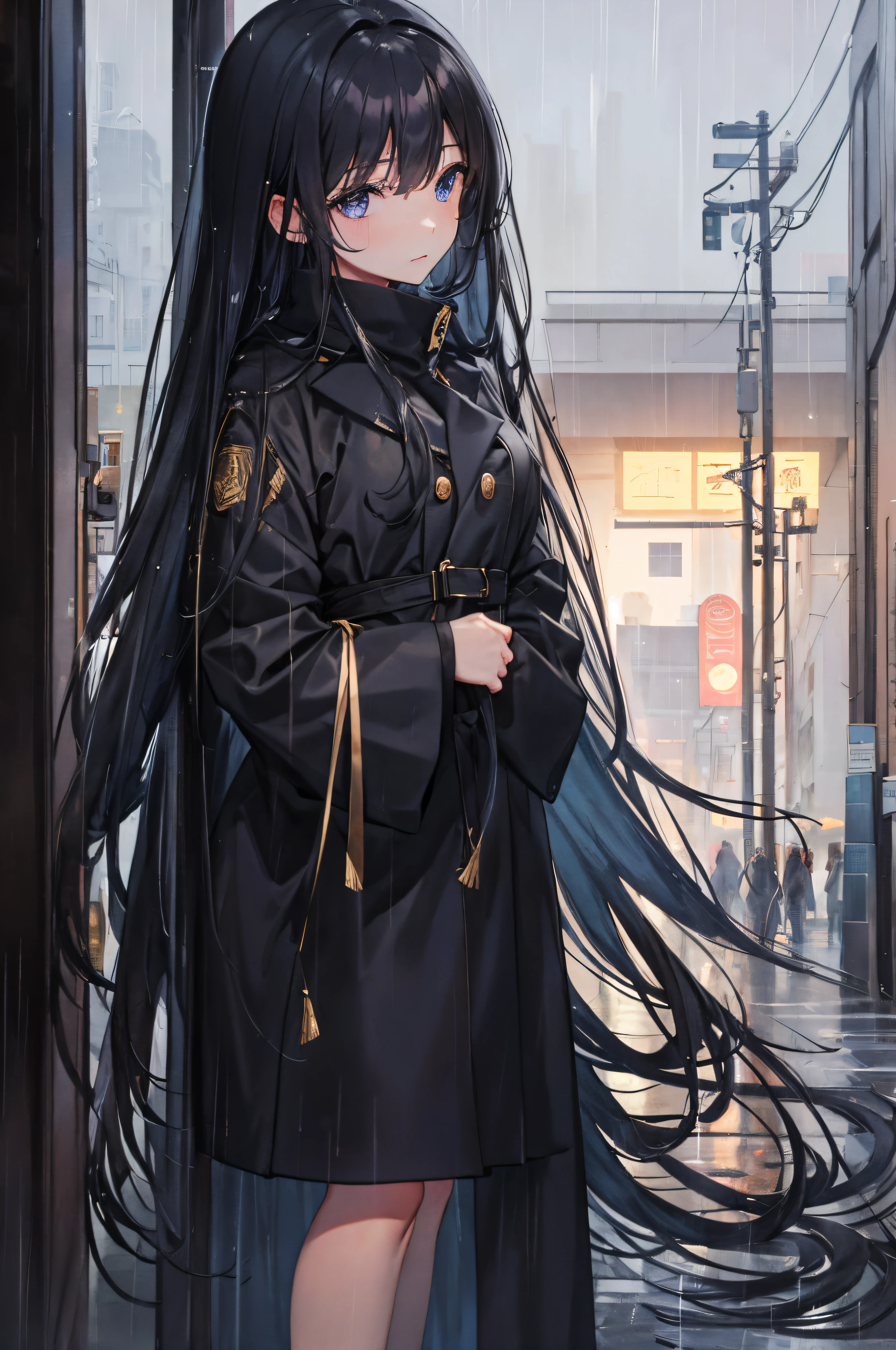 (Best quality at best,A high resolution),long coat of black color,Long flowing blonde hair,A pensive expression,heavy rain poured,standing in the rain,Wet hair,The is very detailed,Lock the viewer’s gaze,Melancholic atmosphere,shot from afar,the street,Crowds passing by,a purple eye