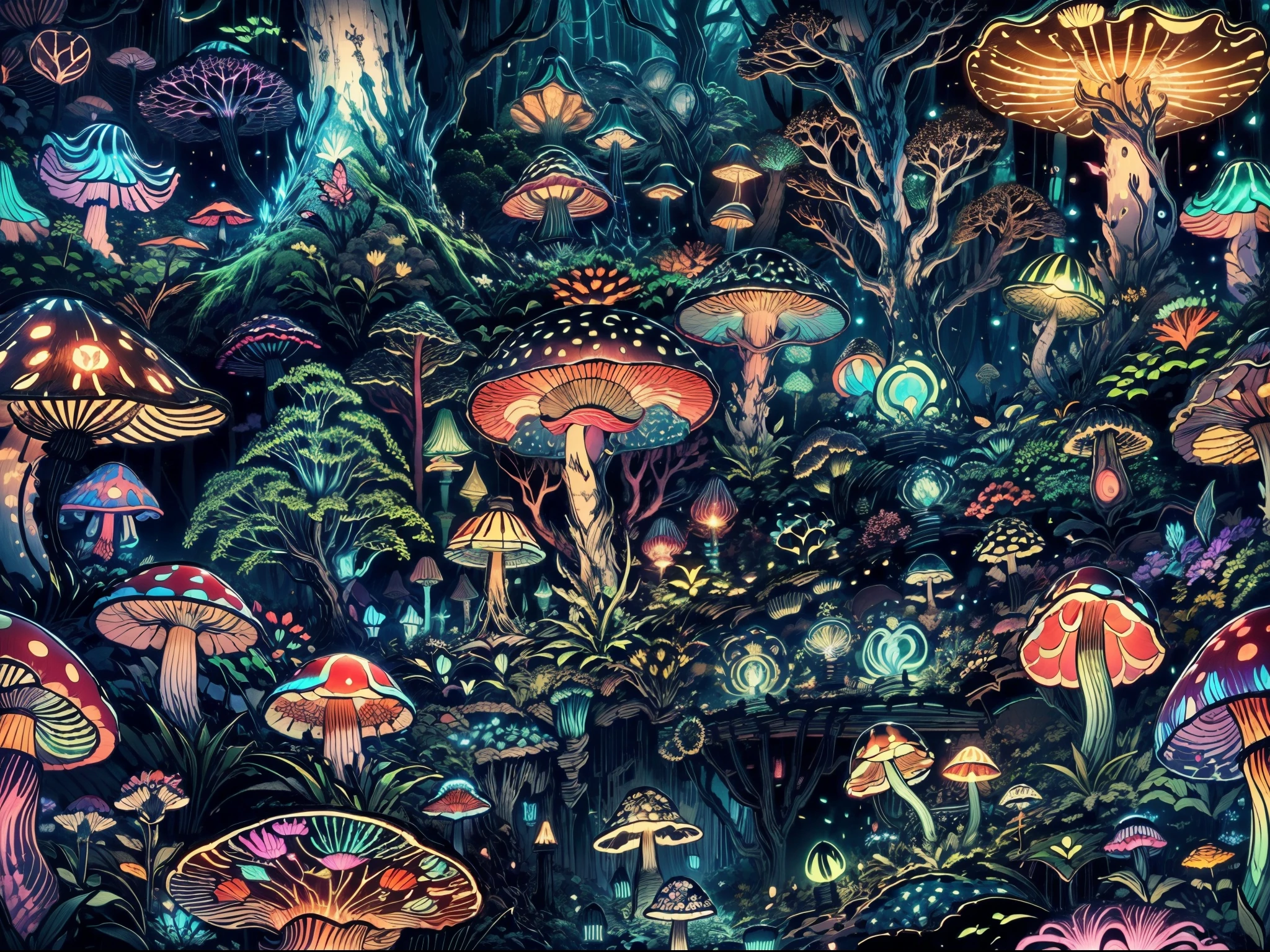(best quality,4k,8k,highres,masterpiece:1.2),ultra-detailed,(realistic,photorealistic,photo-realistic:1.37),giant bioluminescent mushroom,magical mushroom forest,butterflies,fireflies,colorful vibrant mushroom,forest ambiance,lush greenery,mysterious glow,twinkling lights,enchanted atmosphere,ethereal beauty,magic in the air,outdoor scene,peaceful,serene,dream-like,fantasy,mythical,otherworldly,natural wonder,flora and fauna,bioluminescent glow,illuminated,magical essence,mysterious creatures,ethereal glow,mushroom spores,glowing ecosystem,intricate patterns,glowing dots of light,faint fluorescence,softly glowing mushrooms,creating a mesmerizing display,dark and mysterious,hidden treasures,luminous,illuminating the surroundings,tranquil night scene,nighttime enchantment,colorful fungi,soft pastel hues,rays of moonlight illuminating the forest,mystical energy,biological marvel.