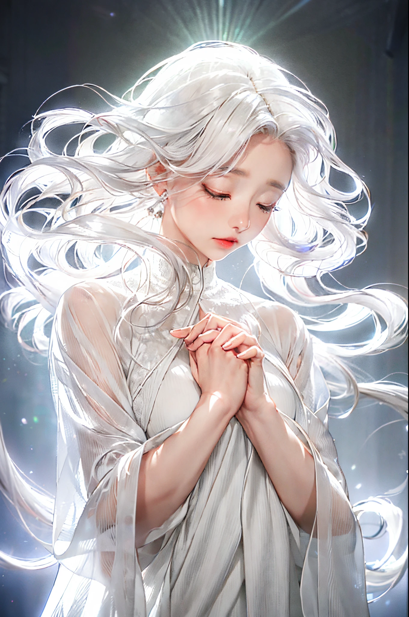 animesque, anime girls, White hair, White dress, white eyes, White hair, White dress, White dress, White hair, White dress, White dress,, white-haired god, A ray of light shines through gray hair., ethereal anime, Anime girl with space hair, with long white hair, with white long hair, Flowing white hair, Subtle hair that shines long, girl with white hair,Close your eyes and pray,Put your hands together and pray