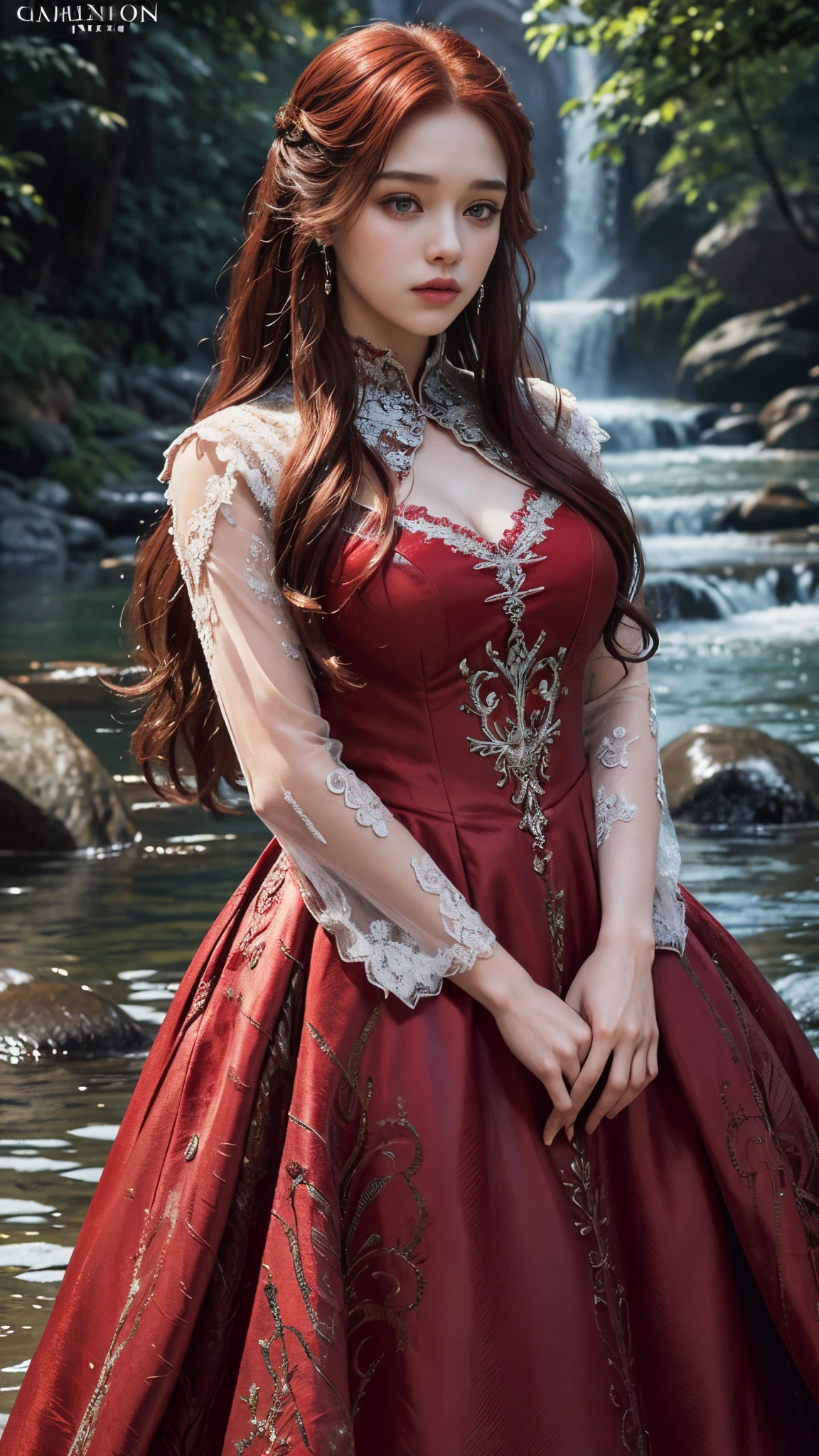 HDR 10, beautiful girl, detailed eyes, detailed lips, very long hair, red hair, ultra detailed texture, water drops, outdoors, game of thrones, red heavy dress, (high detailed dress:1.5), lace, loops, soft lighting, attractive poses,