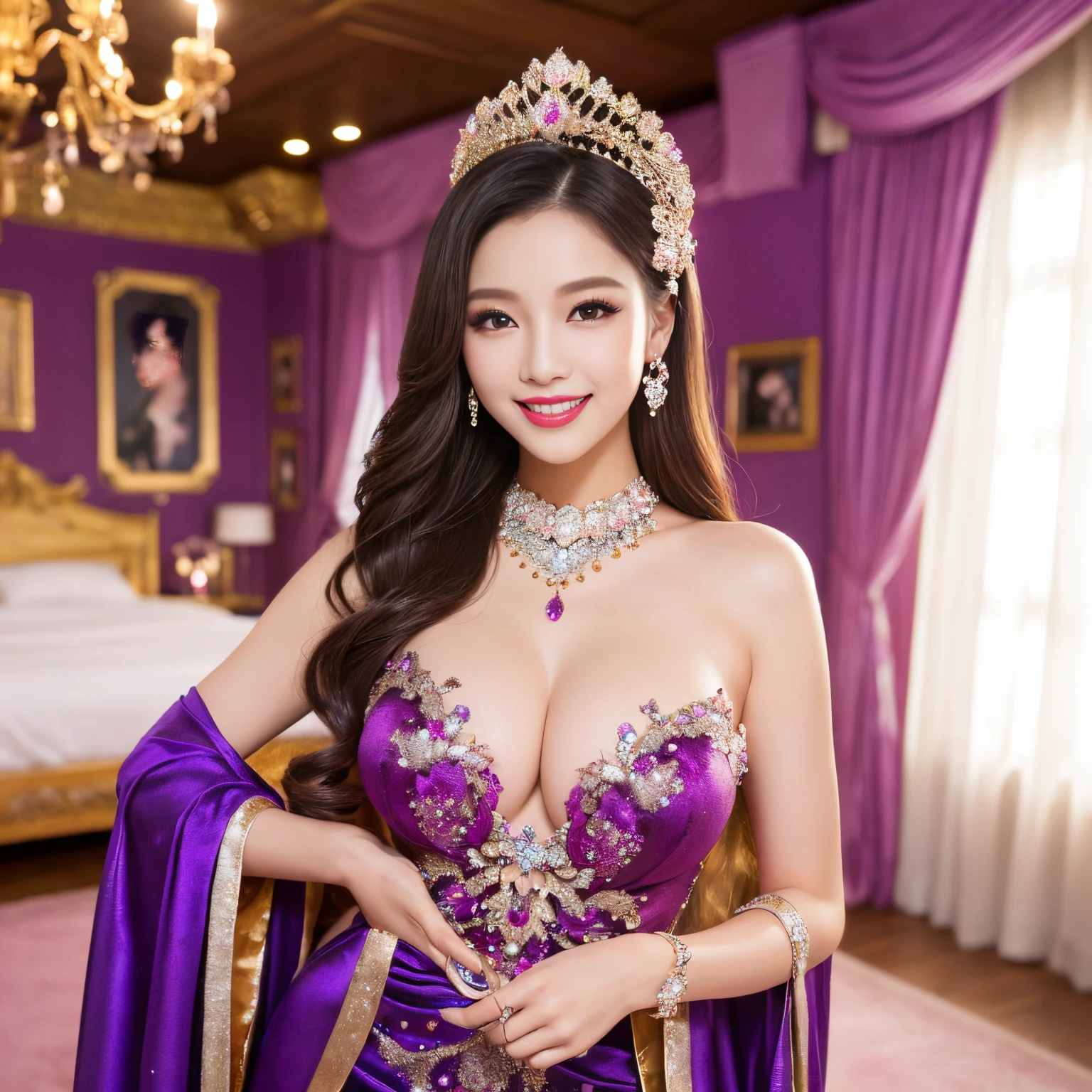 ((top-quality、masutepiece、8K、Top image quality、Highly complex and detailed depictions))、(The most gorgeous Japanese prostitute goddess:1.1)、((The most gorgeous prostitute goddess huge costume、the most vivid and luxurious costumes、big long costume、The unimaginably luxurious goddess room、Glittering purple and pink room、The most luxurious purple and pink room、purple and pink gems、A glittering room decorated with lots of jewels、mid night、Very complex decoration、very clear goddess room))、(View me、Bewitching smile、Perfect makeup、long eyelashes、lipsticks、Pink eyeshadows、perfect anatomia、Biggest smile)