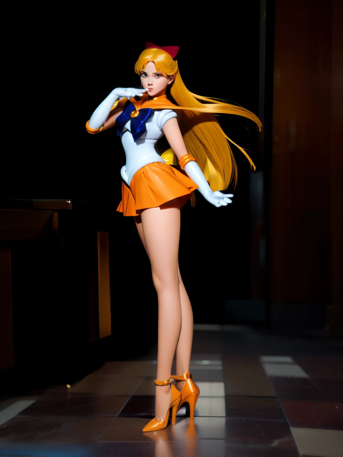 Human female figure wearing a short skirt and high heels, rialistic photo、sailorvenus、Real Images、Top image quality, anime pose, Sexy Pose, Satisfying Pose, side pose, by Sailor Moon, taken with canon 8 0 d, beautiful thigh、she is posing, Cool pose, distorted pose, Sailor Moon!!!!!!!!, , . Soft lighting, full pose, thinking pose