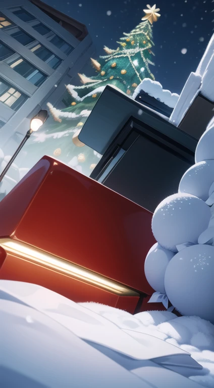 ((Low Angle )) Night, snowing, ornaments, office, studio, Christmas time.