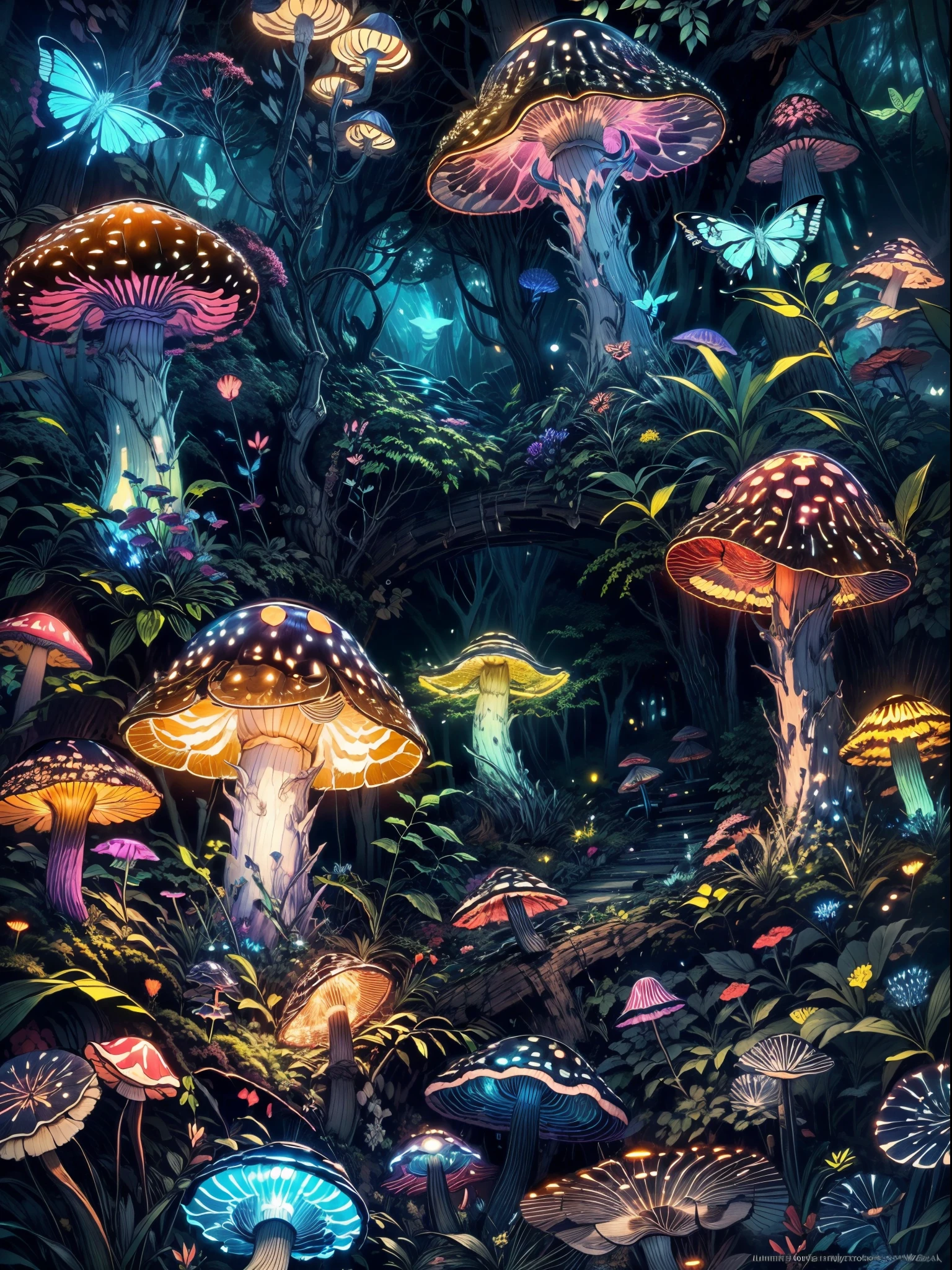 (best quality,4k,8k,highres,masterpiece:1.2),ultra-detailed,(realistic,photorealistic,photo-realistic:1.37),giant bioluminescent mushroom,magical mushroom forest,butterflies,fireflies,colorful vibrant mushroom,forest ambiance,lush greenery,mysterious glow,twinkling lights,enchanted atmosphere,ethereal beauty,magic in the air,outdoor scene,peaceful,serene,dream-like,fantasy,mythical,otherworldly,natural wonder,flora and fauna,bioluminescent glow,illuminated,magical essence,mysterious creatures,ethereal glow,mushroom spores,glowing ecosystem,intricate patterns,glowing dots of light,faint fluorescence,softly glowing mushrooms,creating a mesmerizing display,dark and mysterious,hidden treasures,luminous,illuminating the surroundings,tranquil night scene,nighttime enchantment,colorful fungi,soft pastel hues,rays of moonlight illuminating the forest,mystical energy,biological marvel.