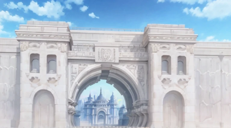There is a large white building，There is a large arch in the middle, palace background, anime scene, Anime background art, anime backgrounds, a temple background, Screenshot of the animated movie, Anime landscape concept art, arte de fundo, random background scene, beautiful anime scenes, Still from anime, background depicting a temple, Opening scene, highschool background, castle scene manga, Anime landscapes
