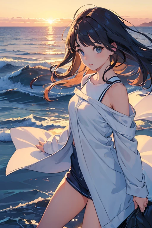 (Masterpiece: 1.5), (Top Quality), (Chill Girl: 1.5), (Solo), Winter, (Symmetry), Wide Shot, Distant View, (Beautiful Sea), Morning Glory, Sunrise, Dynamic Angle, Dynamic Lighting, Wind, Warm Hang your clothes over your shoulders.