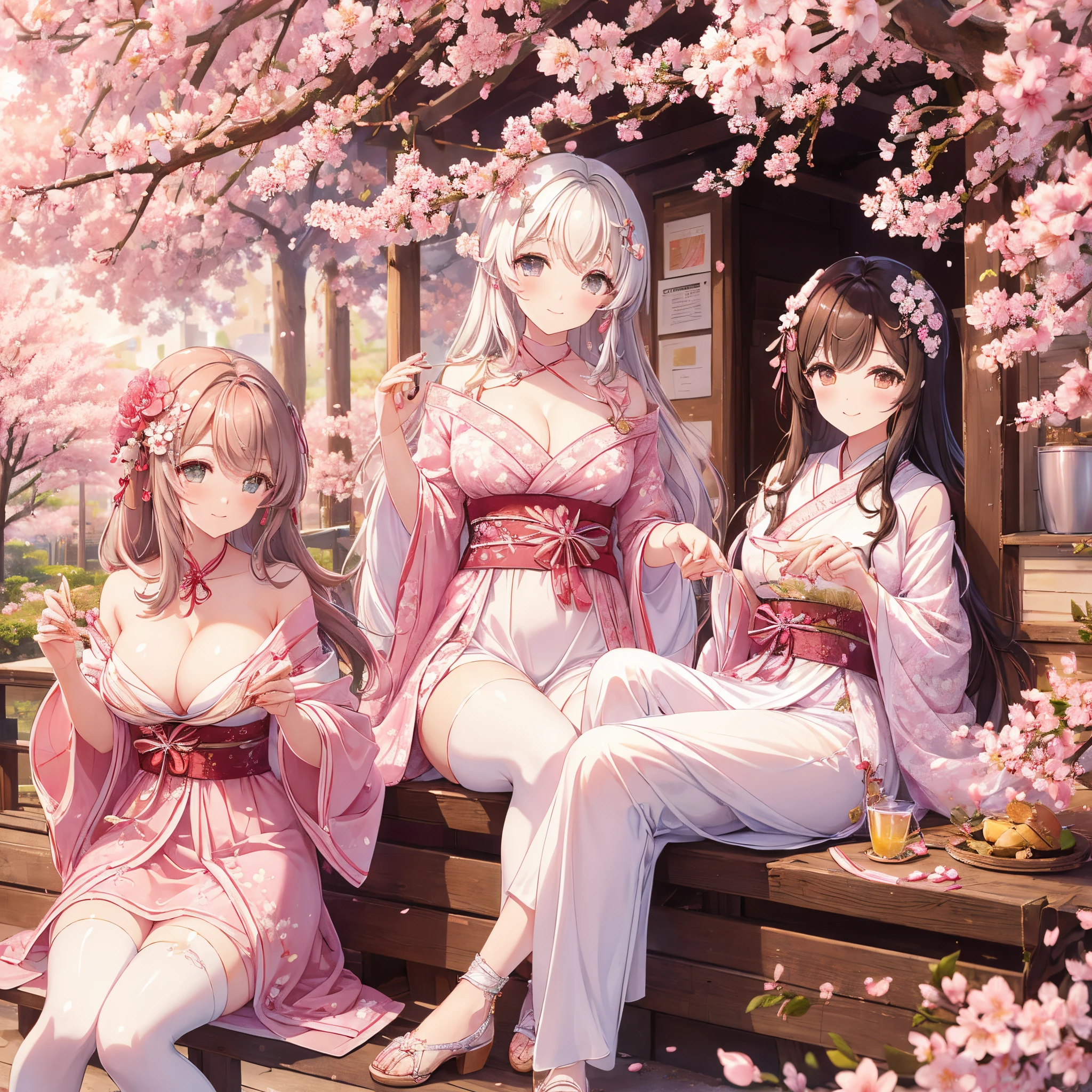 Girls under the cherry blossom tree，Flourish，People are prettier than flowers。Their delicate fingers caressed the petals of the cherry blossoms，Like a graceful dance，Attracted the attention of those around you。One of the girls named Xiaosha，Beautiful as a flower，Radiant hair。She is wearing a light pink kimono，Bring out her slender figure，Smiling tenderly at every cherry blossom blooming。She has a delicate floral fragrance，Lingering under the cherry blossom trees，It’s like the whole world is dyed in brilliant colors。In stark contrast to Xiaosha is another girl sitting under the cherry blossom tree，Named Dandan。She is wearing a white dress，Exuding a breath of sunshine，The smile is bright，Like the spring sun，It's heartwarming。Girls under the cherry blossom tree，It's like a beautiful picture，Adds a touch of bright color to the spring cherry blossoms。