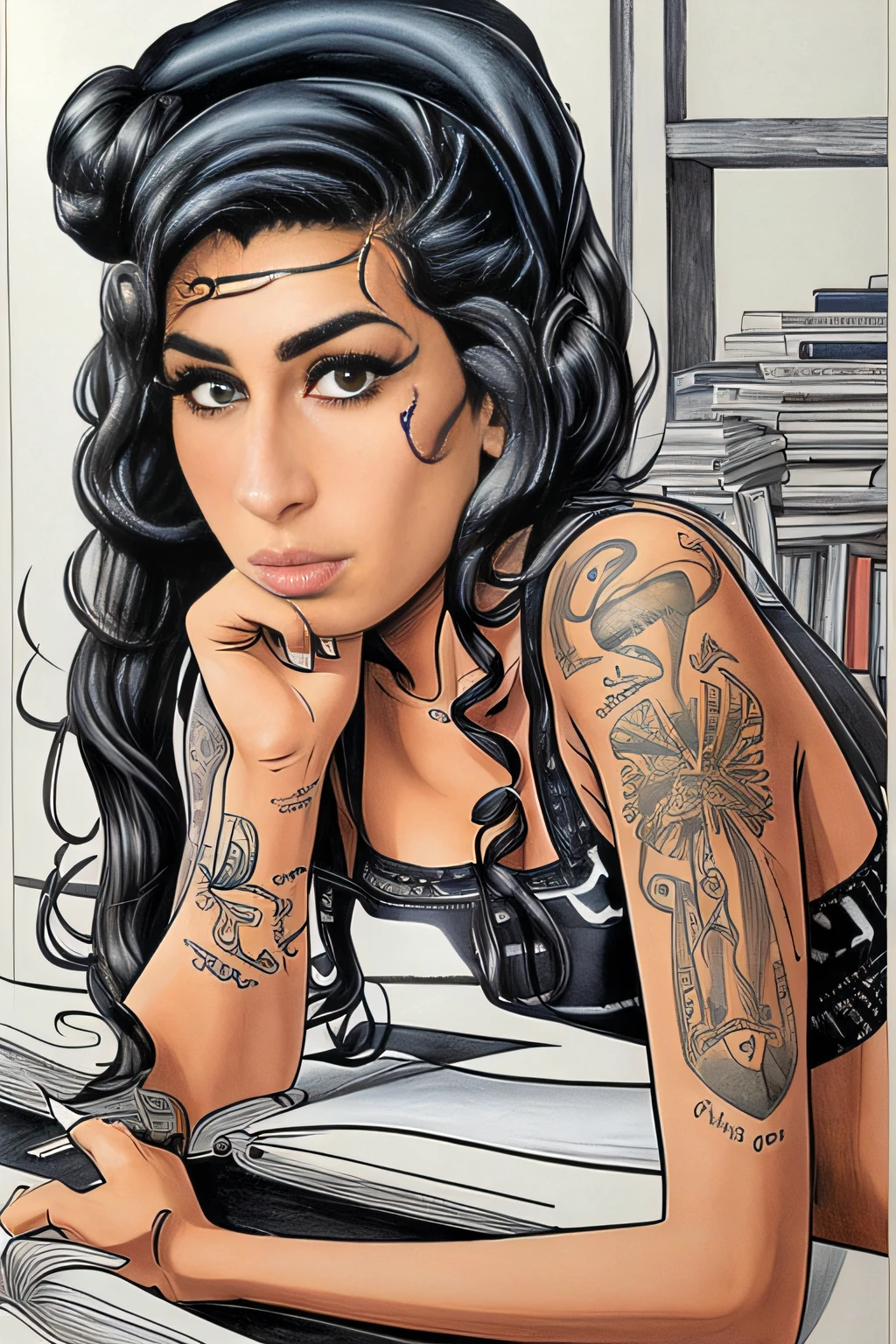 90s anime style, AW, <lora:AW:0.8>,Amy WInehouse, Close-up, A mountainous location full of jagged rocks and boulders , wearing square-toe heels ,indifferent , highly detailed face, A serene, moonlit lake with a still surface and a canopy of stars overhead , by hajime sorayama, greg tocchini, virgil finlay, with modern style, radiant light, unreal engine