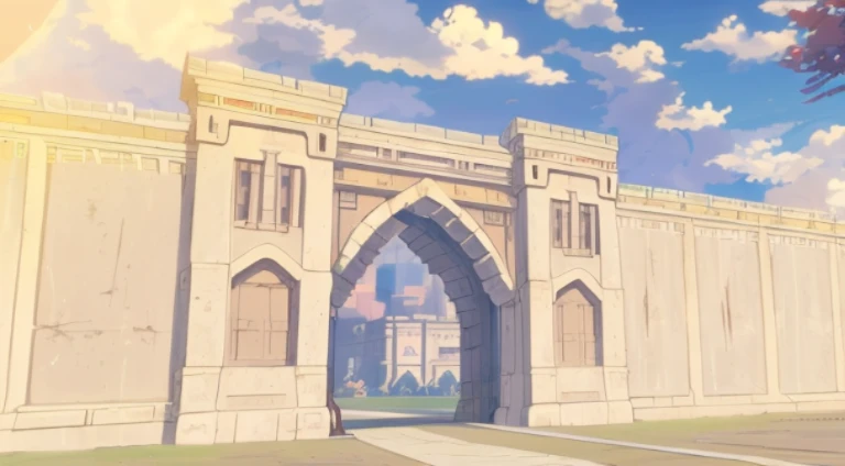 There is a picture of a large building with a gate, palace background, Bastion Gateway, anime scene, Anime background art, Torimen, Opening scene, Anime background main vision, anime backgrounds, in the anime film, anime still frame, Anime landscape concept art, Screenshot of the animated movie, 2 0 1 9 animation screenshots, Anime landscapes, beautiful anime scenes