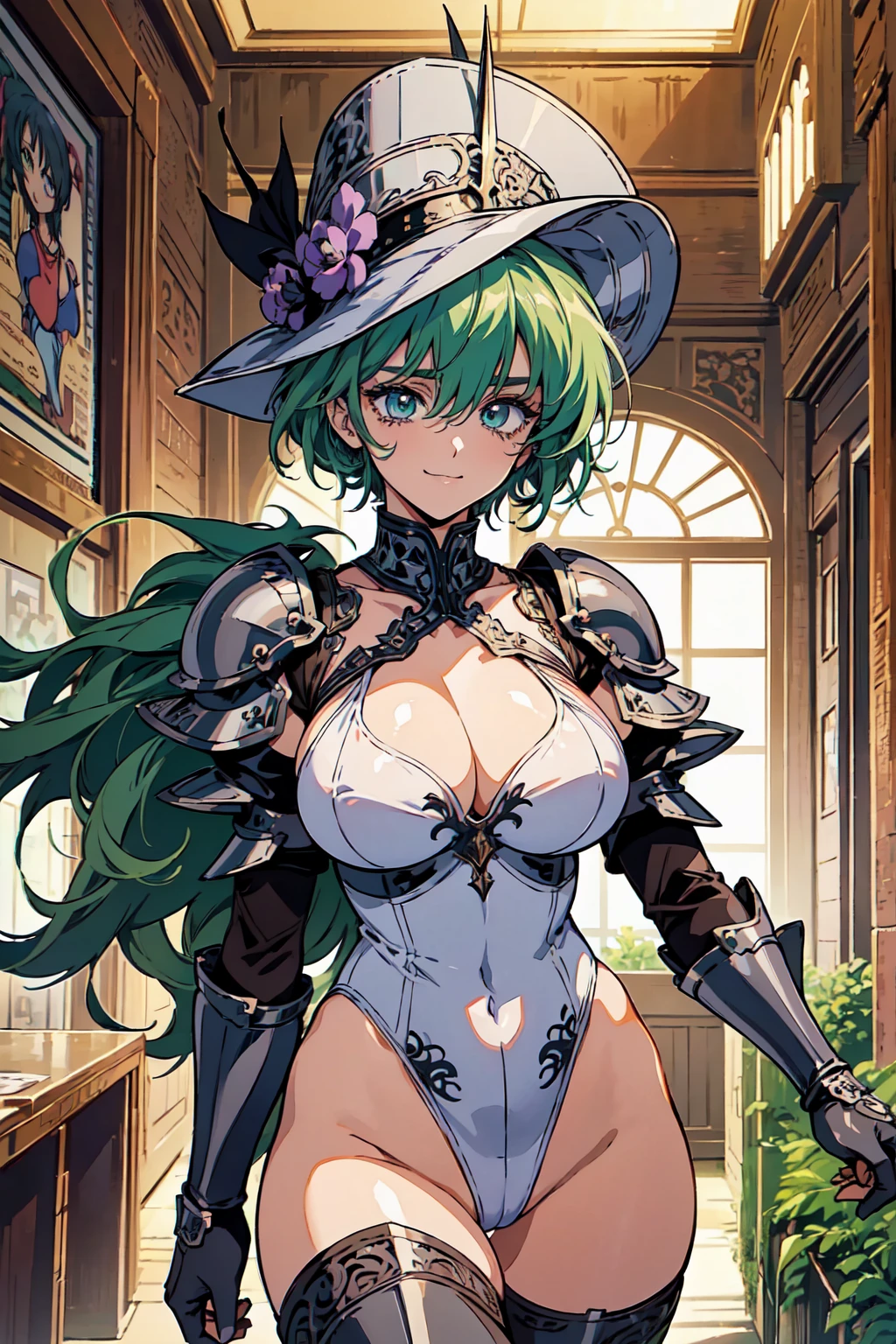 "(masterpiece:1.1), best quality,
1girl, (80s anime style:1.3), (eyelashes:1.5), (:1.2),
(intricate high detailed body:1.2),
(green hair:1.1), (hair between eyes:1.1), (short hair:1.1), (holy hat:1.2),
purple eyes, (thick eyebrows:1.1),
(curvy body:1.1), (gigantic breasts:1.5),
(angry, smile:1.2),
(see-through leotard armor, cleavage cutout:1.2),
(knight armor, armored boots:1.2), (belts:1.1), (ahoge:1.2), collar,
standing,
(upper body, cowboy shot, looking at viewer, from front:1.1),
medieval tavern"