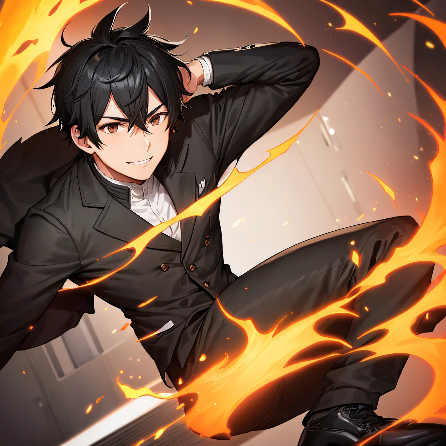 A man with black hair, black eyes, white skin color smiling with a gray jacket and orange black pants and black shoes who controls the element of fire