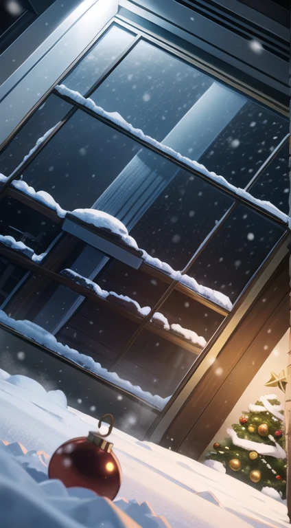 ((Low Angle )) Inside, scenery, office, studio, Night, snowing, ornaments, Christmas time.