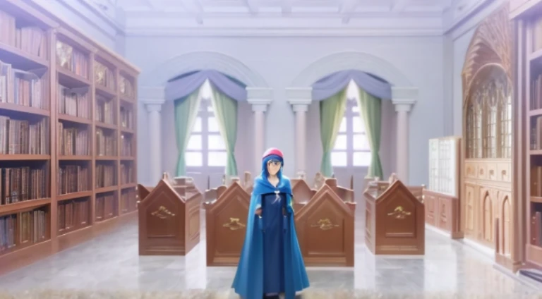 Animation scene of a woman wearing a blue headscarf in a library, standing inside a magic library, standing in front of the altar, off-world, Screenshot of the animated movie, Wearing a blue cape, Screenshots from the 2012 animation, Another world comic panel, typical anime classroom, Still from TV animation, anime scene, Today’s recommended anime is still