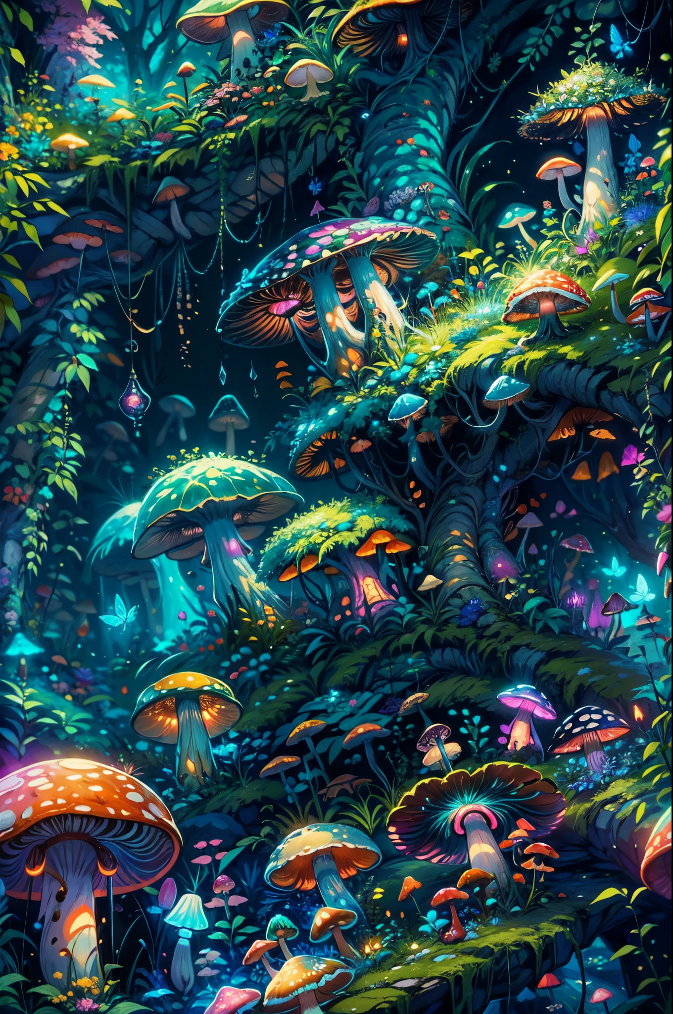 (best quality,4k,highres),(realistic:1.37),mushroom jungle,blue leaf,pink butterfly,firefly,lots of bioluminescent mushroom with different shapes and colors,mushroom land,enchanted atmosphere,vibrant and vivid colors,subtle and gentle lighting,ethereal and dreamlike scenery,surreal and magical ambiance,endless foliage,whimsical mushroom caps,glistening dewdrops,serene and peaceful environment,hidden pathways among mushrooms,delicate and intricate details,dense and lush vegetation,soft and mossy ground,fantastical and otherworldly creatures,tranquil and calm surroundings,illuminated by the glow of mushrooms,dappled sunlight filtering through the canopy,tranquility and harmony in nature,dazzling and iridescent hues,abundance of life and biodiversity,mysterious and enchanted melodies,sense of wonder and awe.