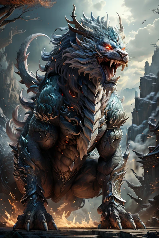 tmasterpiece,high high quality,high definition resolution,16k,realistically,(the mountains and the sea),Evil monsters from hell,The demons,ferocious,Mizore,Old,Black-green scales,quadrupedal,deer antlers,mane hair,,sharp talons,beast of prey,Fangs and sharp teeth,Twinkle red eyes,Gigantic body,full body lesbian flames,Use ice magic,Ice and fire magic,Chinese mythology,Oriental elements,epic mythology fantasy,digital art fantasy,Ancient myths and legends,mythological creatures,Intricate fantasy illustrations, Detailed fantasy illustration, Fantasy is detailed, beautiful detailed fantasy, Magic fantasy is very detailed, Highly detailed fantasy art, Rivendell Epic Fantasy, detailed fantasy digital art, detailed fantasy art