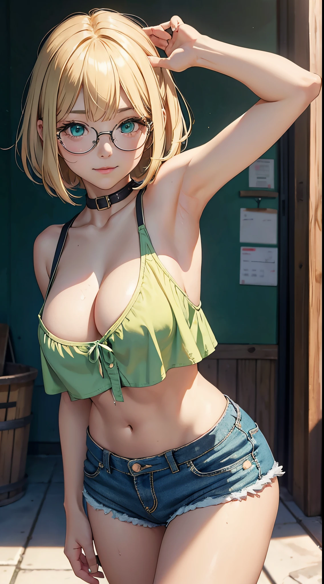 1girl, bangs, body, very detailed eyes, 13 year old girl, blonde hairstyles, short hairstyle, green eyes, cleavage, sensual mouth, big breasts, ass facing the viewer, back on screen, smile, sexy shorts, micro shorts 1.6, Ultra HD, 4k image, glasses, character close to the camera, hair detail, gum making