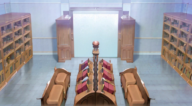 There is a room with many books and a blue bird, court room, in court, typical anime classroom, court room, Courtroom scene, in court, Screenshots from the 2012 animation, ace attorney style, set in bank vault room, ace attorney, in the throne room, Phoenix Wright Ace Lawyer, court bench, witness stand