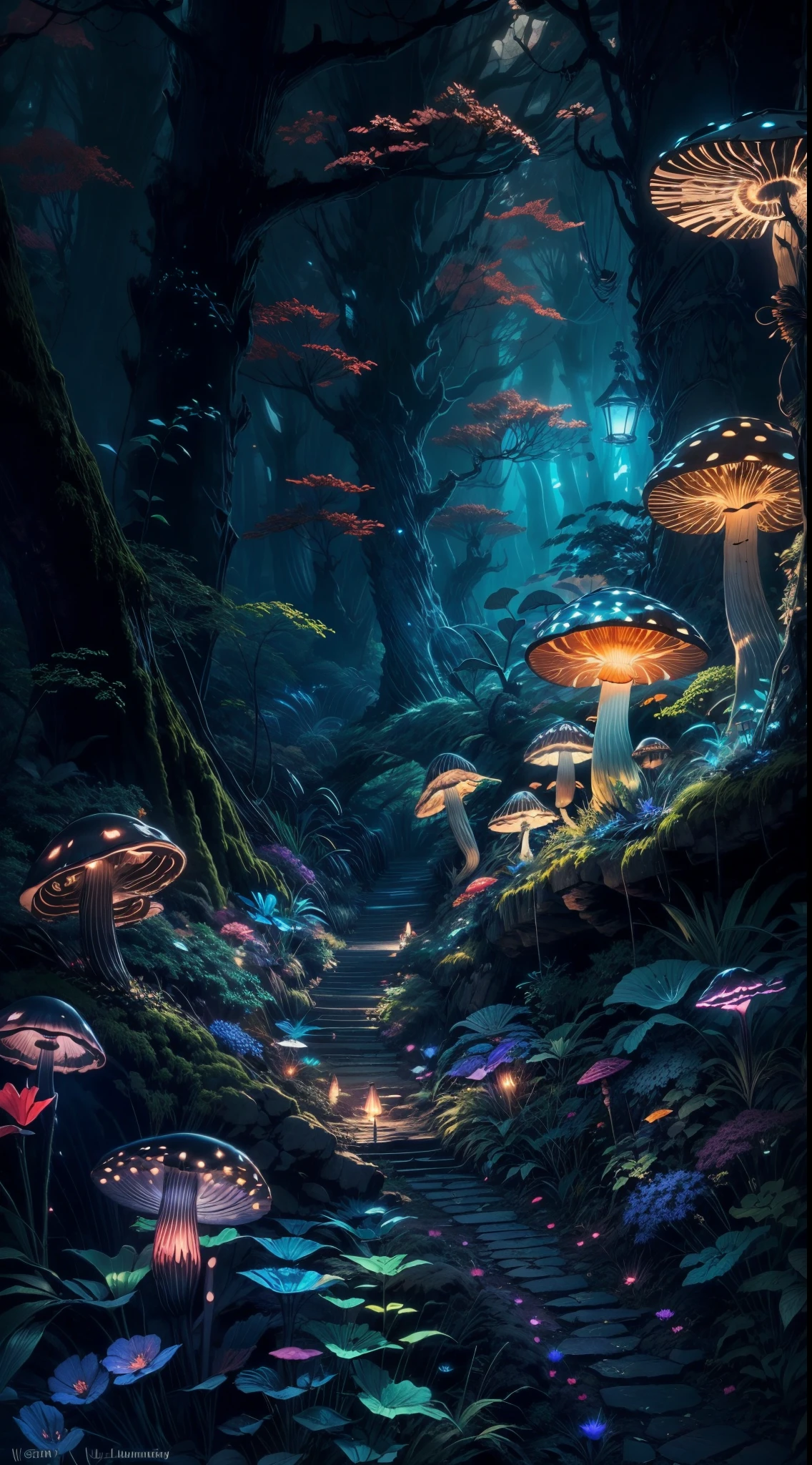 (best quality,4k,8k,highres,masterpiece:1.2),ultra-detailed,(realistic,photorealistic,photo-realistic:1.37),giant bioluminescent mushroom,magical mushroom forest,butterflies,fireflies,colorful vibrant mushroom,forest ambiance,lush greenery,mysterious glow,twinkling lights,enchanted atmosphere,ethereal beauty,magic in the air,outdoor scene,peaceful,serene,dream-like,fantasy,mythical,otherworldly,natural wonder,flora and fauna,bioluminescent glow,illuminated,magical essence,mysterious creatures,ethereal glow,mushroom spores,glowing ecosystem,intricate patterns,glowing dots of light,faint fluorescence,softly glowing mushrooms,creating a mesmerizing display,dark and mysterious,hidden treasures,luminous,illuminating the surroundings,tranquil night scene,nighttime enchantment,colorful fungi,soft pastel hues,rays of moonlight illuminating the forest,mystical energy,biological marvel.