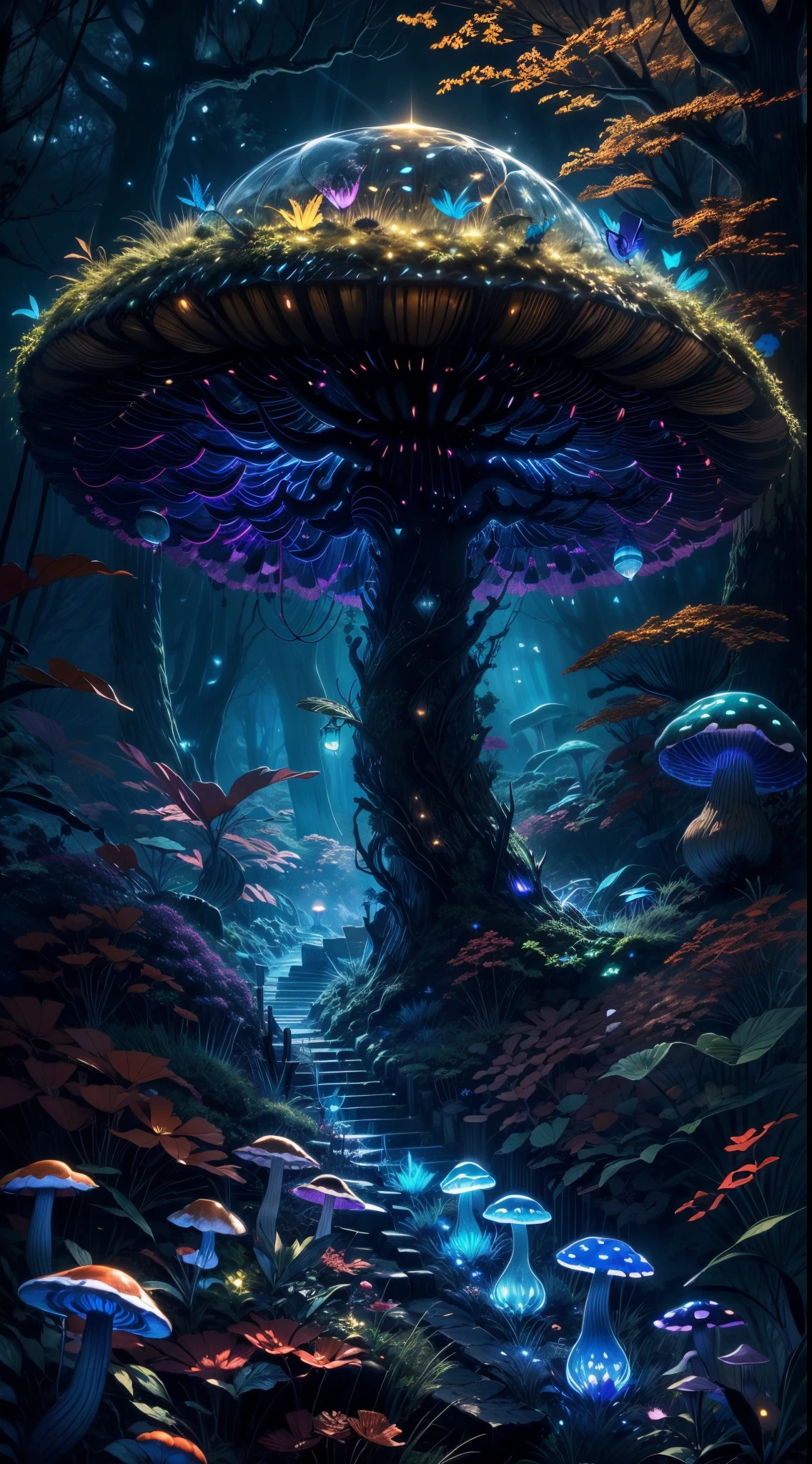 (best quality,4k,8k,highres,masterpiece:1.2),ultra-detailed,(realistic,photorealistic,photo-realistic:1.37),giant bioluminescent mushroom,magical mushroom forest,butterflies,fireflies,colorful vibrant mushroom,forest ambiance,lush greenery,mysterious glow,twinkling lights,enchanted atmosphere,ethereal beauty,magic in the air,outdoor scene,peaceful,serene,dream-like,fantasy,mythical,otherworldly,natural wonder,flora and fauna,bioluminescent glow,illuminated,magical essence,mysterious creatures,ethereal glow,mushroom spores,glowing ecosystem,intricate patterns,glowing dots of light,faint fluorescence,softly glowing mushrooms,creating a mesmerizing display,dark and mysterious,hidden treasures,luminous,illuminating the surroundings,tranquil night scene,nighttime enchantment,colorful fungi,soft pastel hues,rays of moonlight illuminating the forest,mystical energy,biological marvel.