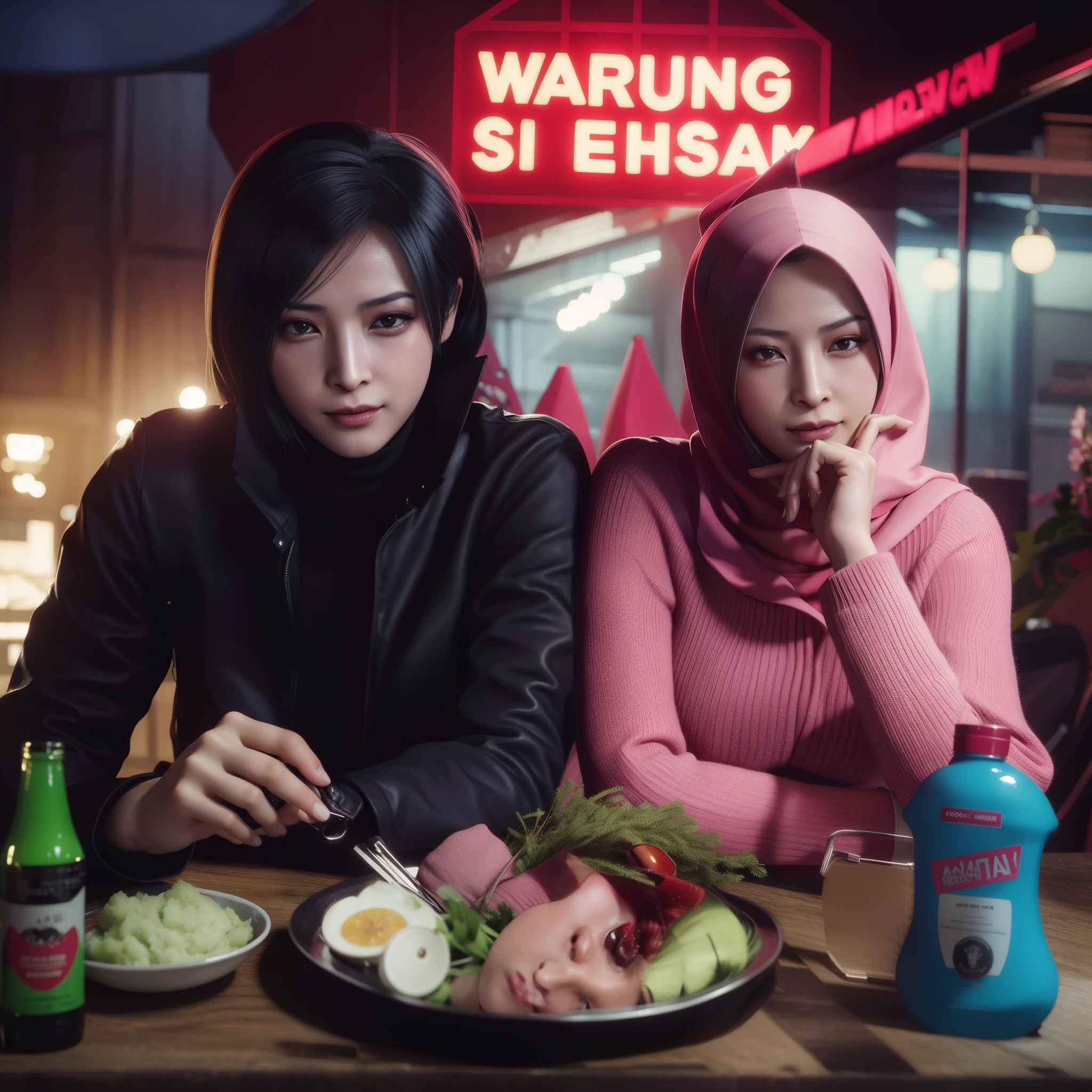 Ada wong, woman, wearing jacket with pink hijab, cool, little smile expression