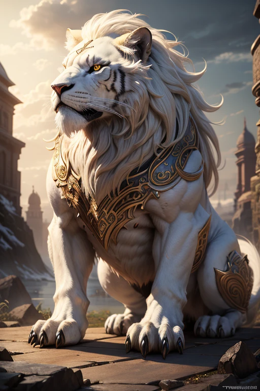 tmasterpiece,high high quality,high definition resolution,16k,realistically,There is a white lion,yellow-eyed,long mane, Highly detailed fantasy art, tigre_beastly, Complex WLOPs, mythical creature, detailed fantasy art, fenrir, highly detailed creature, Fantasy creatures, Detailed digital 2D fantasy art, 4k highly detailed digital art, lord of beasts, detailed fantasy digital art, An epic majestic degan trader