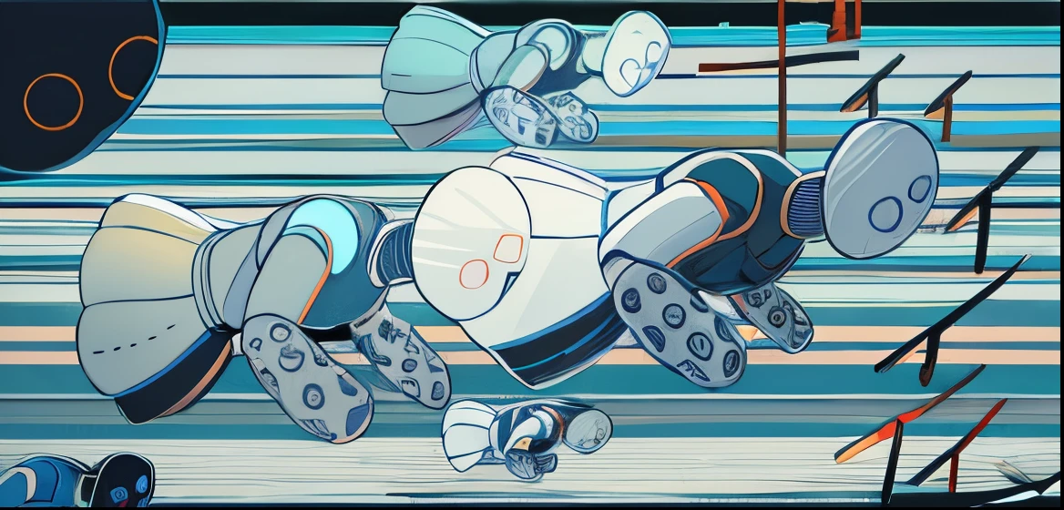 Several metallic gray flying robots fly fast.