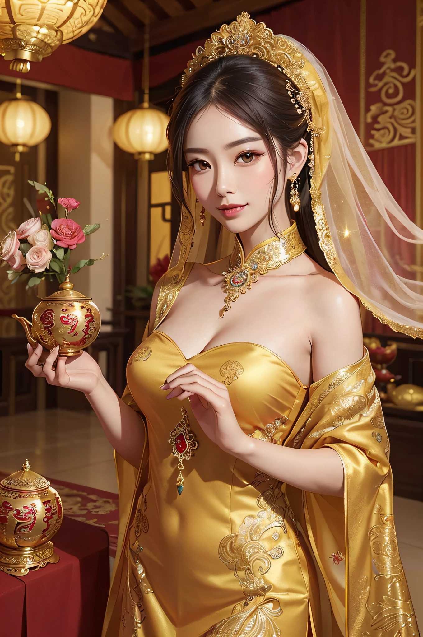 (a splendid,traditional) dress,(exquisitely embroidered,golden-threaded:1.1),(elegant,sophisticated:1.1) headpiece,(intricate,dainty:1.1) hair accessories, (meticulously applied) makeup, (sparkling,breathtaking:1.2) jewelry, (lovely,delicate,red,flowing) veil, (magnificent,impressive:1.1) wedding bouquet, (vibrant,captivating,red,gold:1.1) backdrop, (auspicious,symbolic) Chinese lanterns, (joyful,cheerful:1.1) bridesmaids,(traditional:1.1) tea ceremony, (harmonious,blessed) atmosphere, (radiant,blissful) smile, (elegant,poised) posture, (magnificent,stunning) jewelry, (artistic,elaborate:1.1) Chinese calligraphy, (grand,opulent:1.1) wedding hall, (blessed,happy) family members, (elaborate,ornate:1.1) stage decorations, (beautiful,ornate) wedding cake, (lively,celebratory) lion dance, (auspicious,bright) fireworks, (elated,joyful) wedding guests, (traditional,bustling) Chinese music, (breathtaking,memorable) wedding photographs.