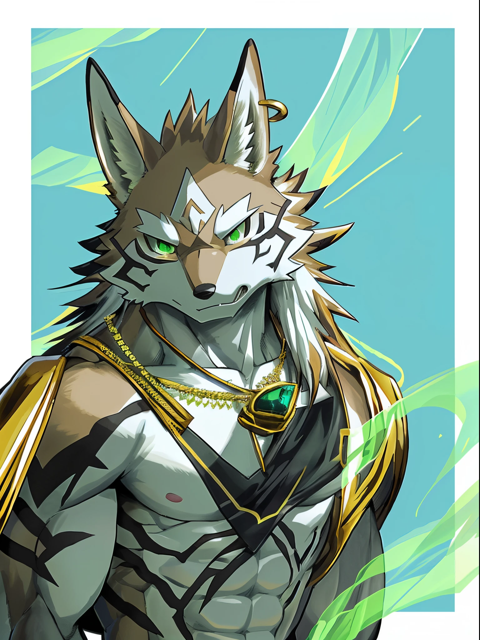 Seto (Tokyo After-School Summoners), Seto(Wandering Longing), Seth (it), Seto, Kazuma Koda, coyote, gold necklace, Gold jewelry, Ear piercing, wear a loincloth, Green Eye, Grey Body, white body, Brown Body, stripes, Striped body, Muscular men, High Quality, 8K, High image quality, NSFW Works, pixiv, colorful background, bright background, Business card, shadowy, Muscular, A composition where the whole body is visible, The right ratio, Sexy, green aurora, colorful aurora, perky, violent, self-assured, Soft