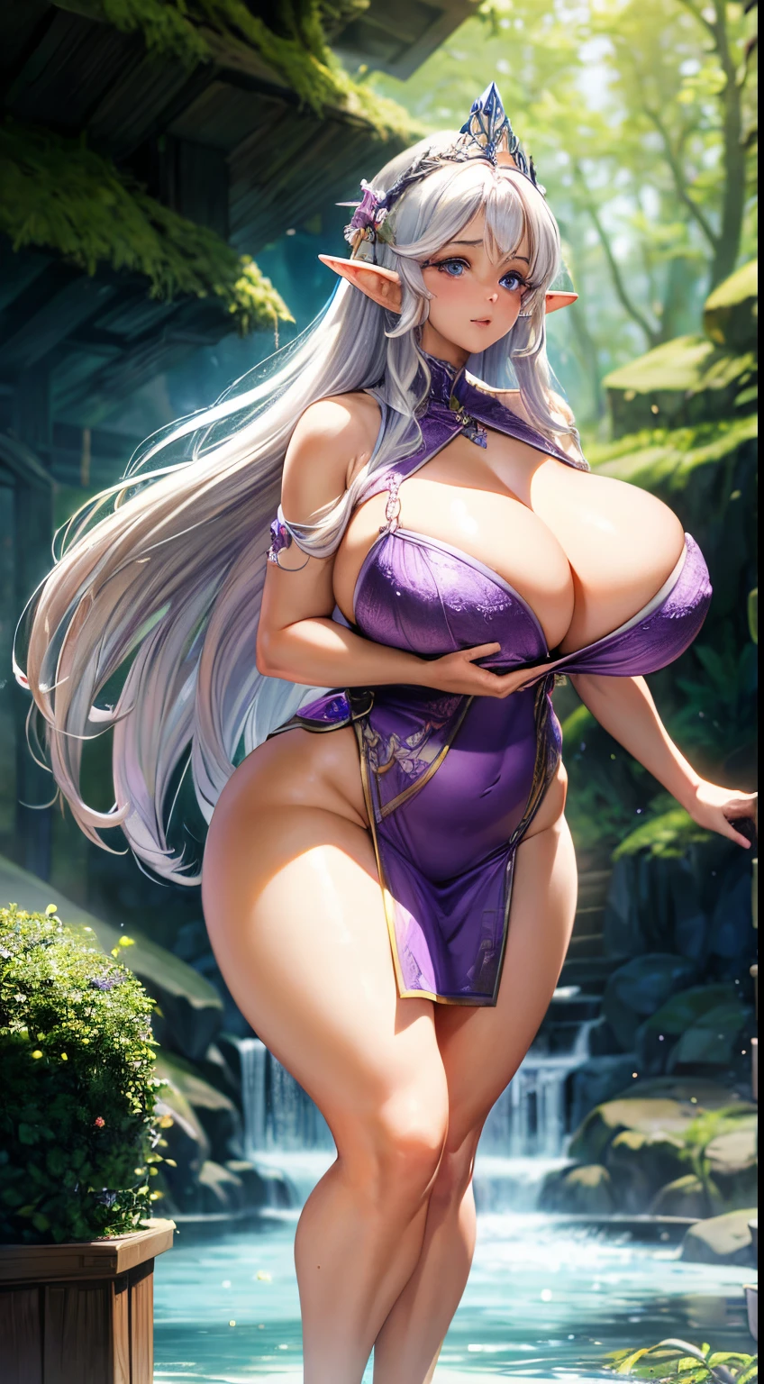 breathtaking 8k, masterpiece, mature woman, ((lilac) fairy dress), elf queen, gigantic breasts, (white hair), full body, award-winning, professional, highly detailed, mamma size, curvy body, in forest, 37-year-old, sexy milf elf,