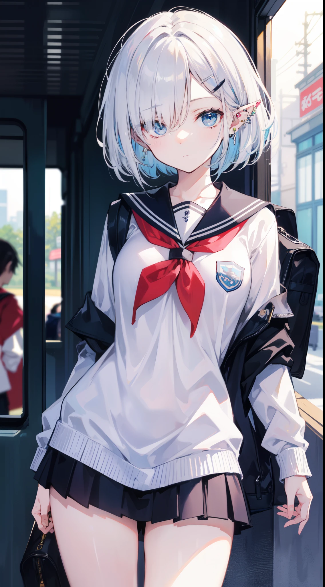 God quality, anime moe artstyle, badass anime 8k,perfect anatomy, (Please draw a elf girl walking sleepily to school. ),break, elf, 1girl, a high school student, Bob cut hair, silver hair, parted bangs,(hair over one eye), Full limbs, complete fingers, medium breasts, groin, finely detailed beautiful blue eyes, hairclip, school Uniform, Various accessories, (ear piercing), in the School commute route. break,ultra-detailed, high resolution,super detailed skin, professional lighting, 8k eye details, (cute illustration:1.2), (depth of field:1.2), (blurry background:1.2), art style by Artgerm, by by nine_(liuyuhao1992), Yusuke Murata,