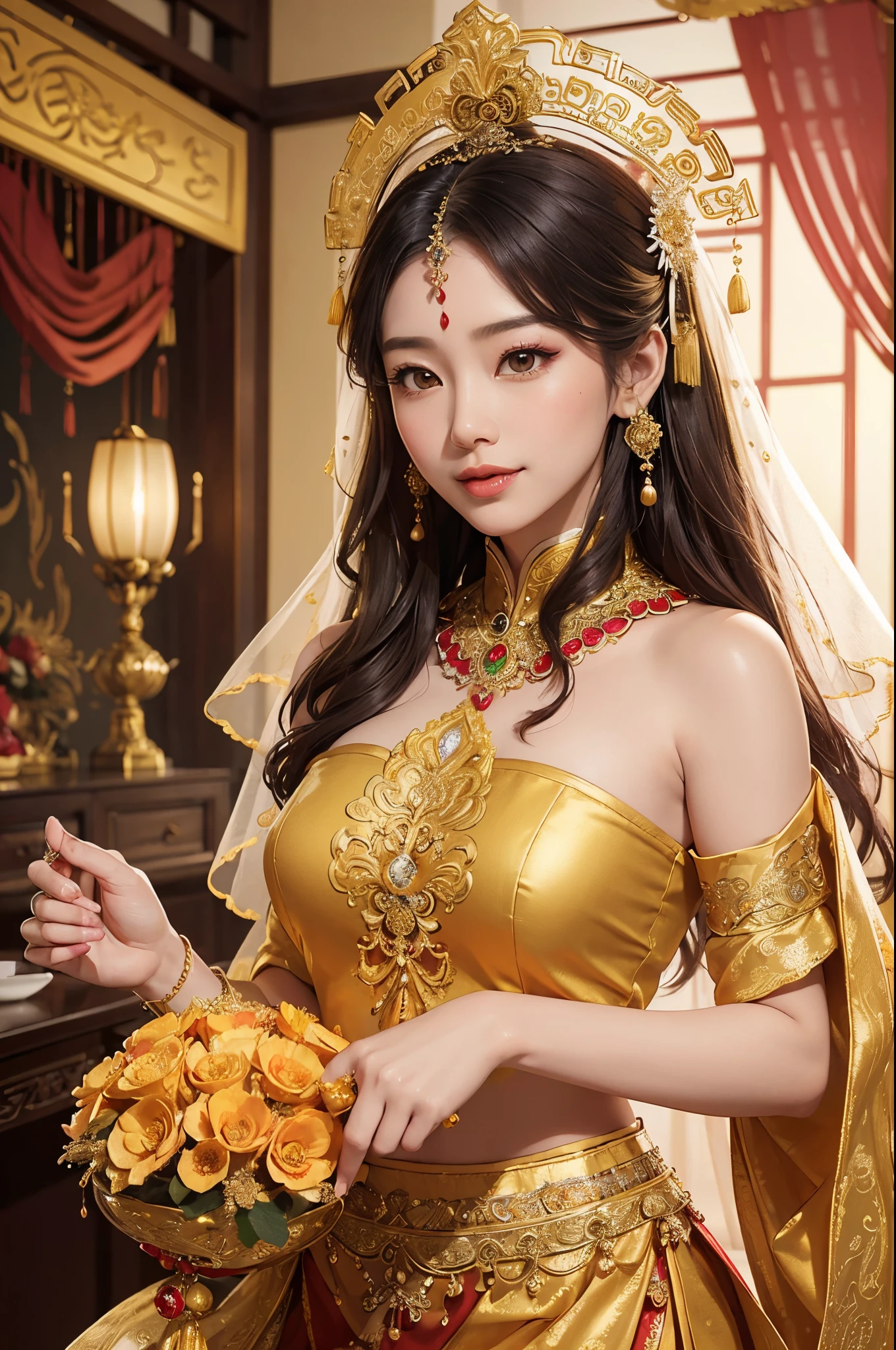 Ultra-realisticな8K CG, (amazing: , Perfect artwork, masterpiece, Ancient Dynasties, Medieval, Fantasy), ((Detailed Background))), 20-year-old Korean muscular fresh model, Amazingly beautiful, whole body, Traditional clothes that follow her curves, Shiny golden wet skin, 50mm Portrait, Glamour,（Golden micro bikini with golden embellishments）（大きなSaggy tits，large droopy udder，Saggy tits）（Cleavage exposure、Navel exposure、Exposing upper arms、Thigh exposure）（Golden headband）（Golden Garter Stockings） Soft curves, Perfectly wet lips, Abdominal muscles, Ultra-realistic, sun