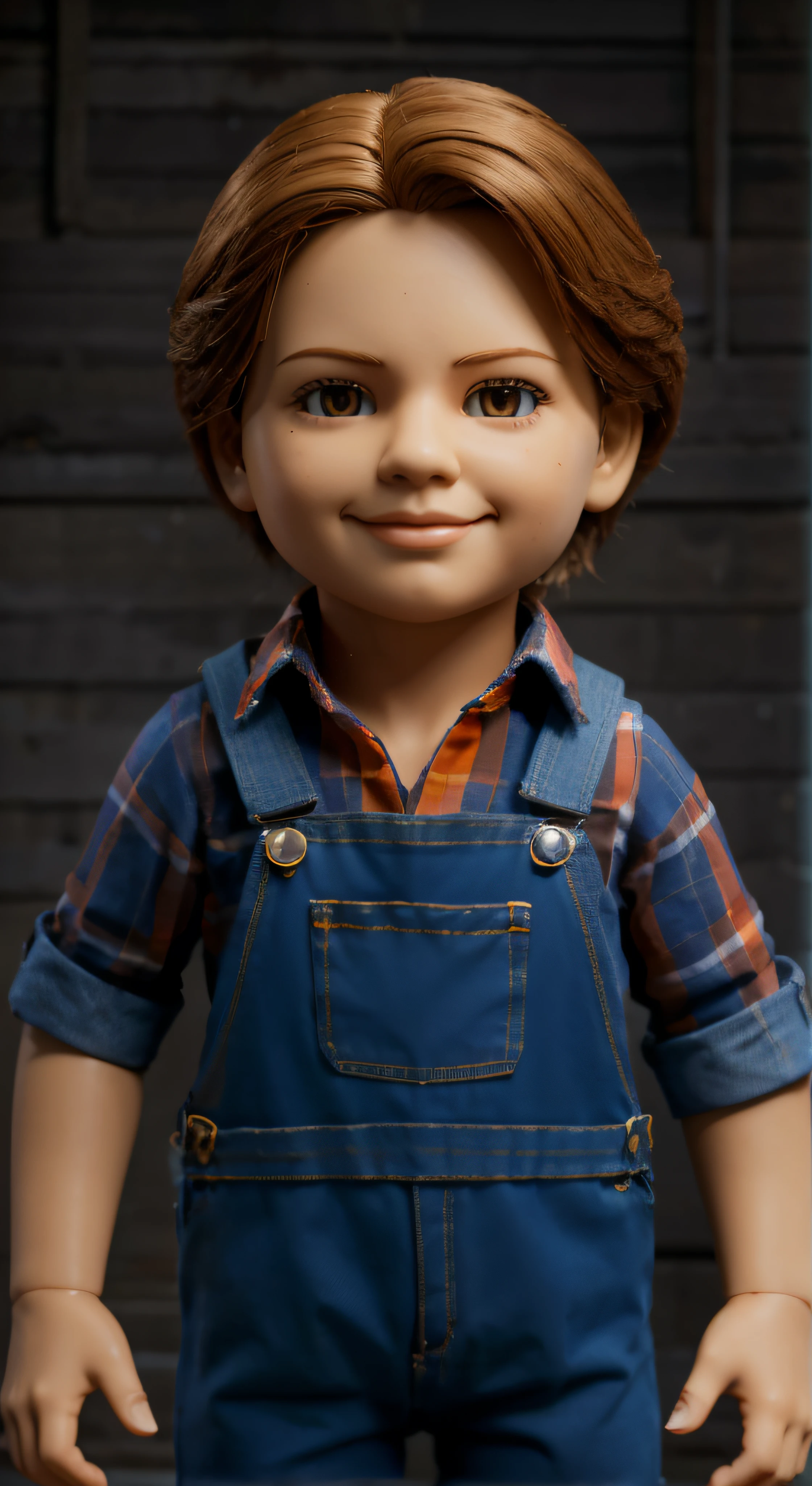 Boneca Goodguys, with medium brown straight hair, the iconic killer doll, com um sorriso sutil no rosto, um fundo claro com uma camisa de manga xadrez laranja, with denim overalls. Com sapatos laranja, criando uma atmosfera de terror, a 3D model with high-resolution textures and realistic lighting, --AR 16:9 --v 5 -