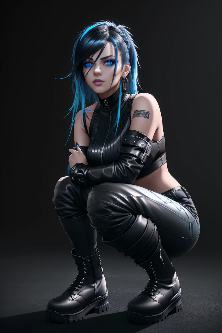 beautiful girl, full body, short bright blue neon streaked dishevelled hair, large blue piercing eyes, black eyeshadow, (street style wear:1.2), ((tight fitted pants)), ((knee high leather boots)), (dark city night black background:1.4), dark makeup, digital art, trending on artstation, highly detailed, fine detail, intricate,  beautiful detailed glow, detailed, Cinematic light, high-res, detailed facial features, sharp focus, smooth, aesthetic,