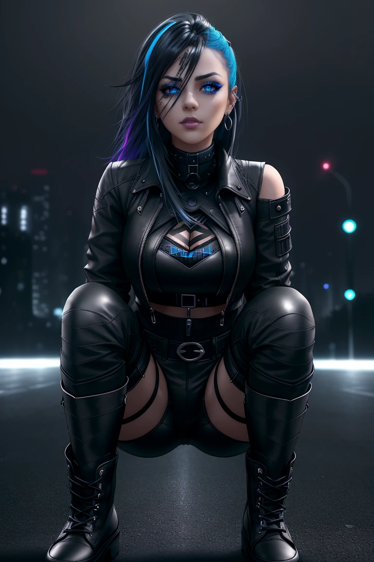 beautiful girl, full body, short bright blue neon streaked dishevelled hair, large blue piercing eyes, black eyeshadow, (street style wear:1.2), ((tight fitted pants)), ((knee high leather boots)), (dark city night black background:1.4), dark makeup, digital art, trending on artstation, highly detailed, fine detail, intricate, beautiful detailed glow, detailed, Cinematic light, high-res, detailed facial features, sharp focus, smooth, aesthetic,