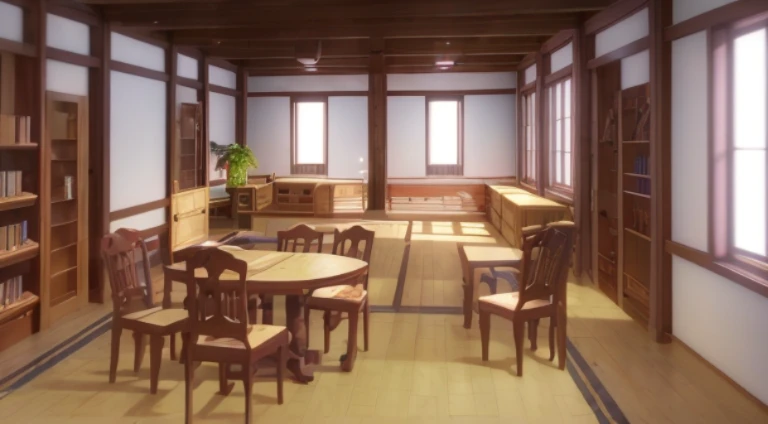 There was a room，There are tables, chairs and bookshelves, dining room!, typical anime classroom, room of the nameless painter, Madhouse Studio anime style, inca, anime scene, Anime background art, court room, Today’s recommended anime is still, in dojo, Inside the weapons store, Anime landscape concept art, 8K!, Still from TV animation
