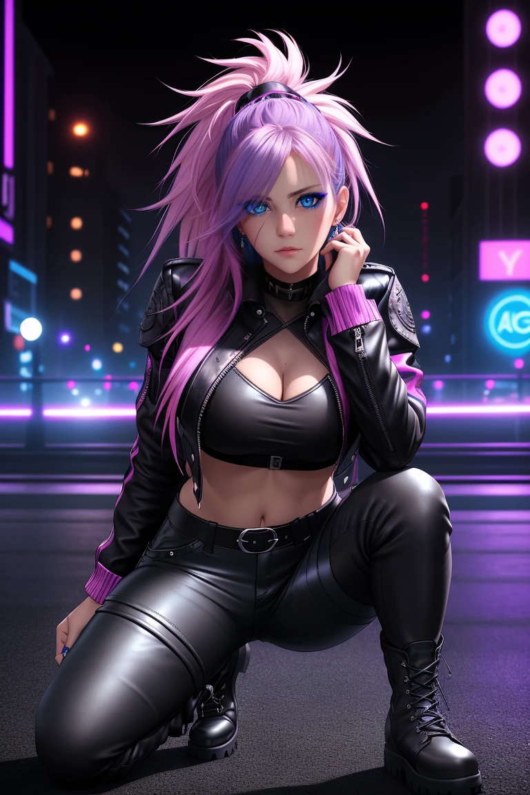 beautiful girl, full body, short bright blue and magenta streaked dishevelled hair, large blue piercing eyes, black eyeshadow, (street style wear:1.2), ((tight fitted pants)), ((knee high leather boots)),(dark city night black background:1.4), dark makeup, digital art, trending on artstation, highly detailed, fine detail, intricate,  beautiful detailed glow, detailed, Cinematic light, high-res, detailed facial features, sharp focus, smooth, aesthetic,