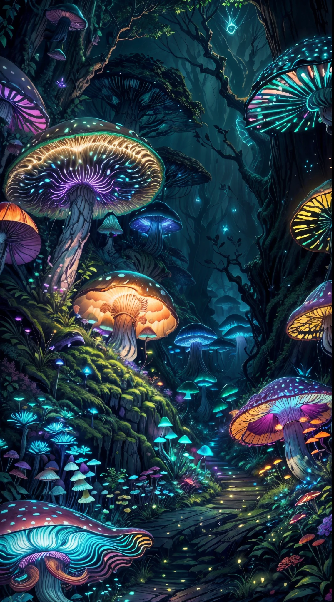 (best quality,4k,8k,highres,masterpiece:1.2),ultra-detailed,(realistic,photorealistic,photo-realistic:1.37),giant bioluminescent mushroom,magical mushroom forest,butterflies,fireflies,colorful vibrant mushroom,forest ambiance,lush greenery,mysterious glow,twinkling lights,enchanted atmosphere,ethereal beauty,magic in the air,outdoor scene,peaceful,serene,dream-like,fantasy,mythical,otherworldly,natural wonder,flora and fauna,bioluminescent glow,illuminated,magical essence,mysterious creatures,ethereal glow,mushroom spores,glowing ecosystem,intricate patterns,glowing dots of light,faint fluorescence,softly glowing mushrooms,creating a mesmerizing display,dark and mysterious,hidden treasures,luminous,illuminating the surroundings,tranquil night scene,nighttime enchantment,colorful fungi,soft pastel hues,rays of moonlight illuminating the forest,mystical energy,biological marvel.