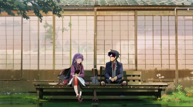 Anime scene of two people sitting on a bench in front of the screen, Sarsura, Still from TV animation, sankakucomplex anime image, earth stone, Today’s recommended anime is still, Misato Katsuragi, kyoto animation still, in style of kyoto animation, Goto Indian Summer, anime yulu camp, animation still frame, anime scene