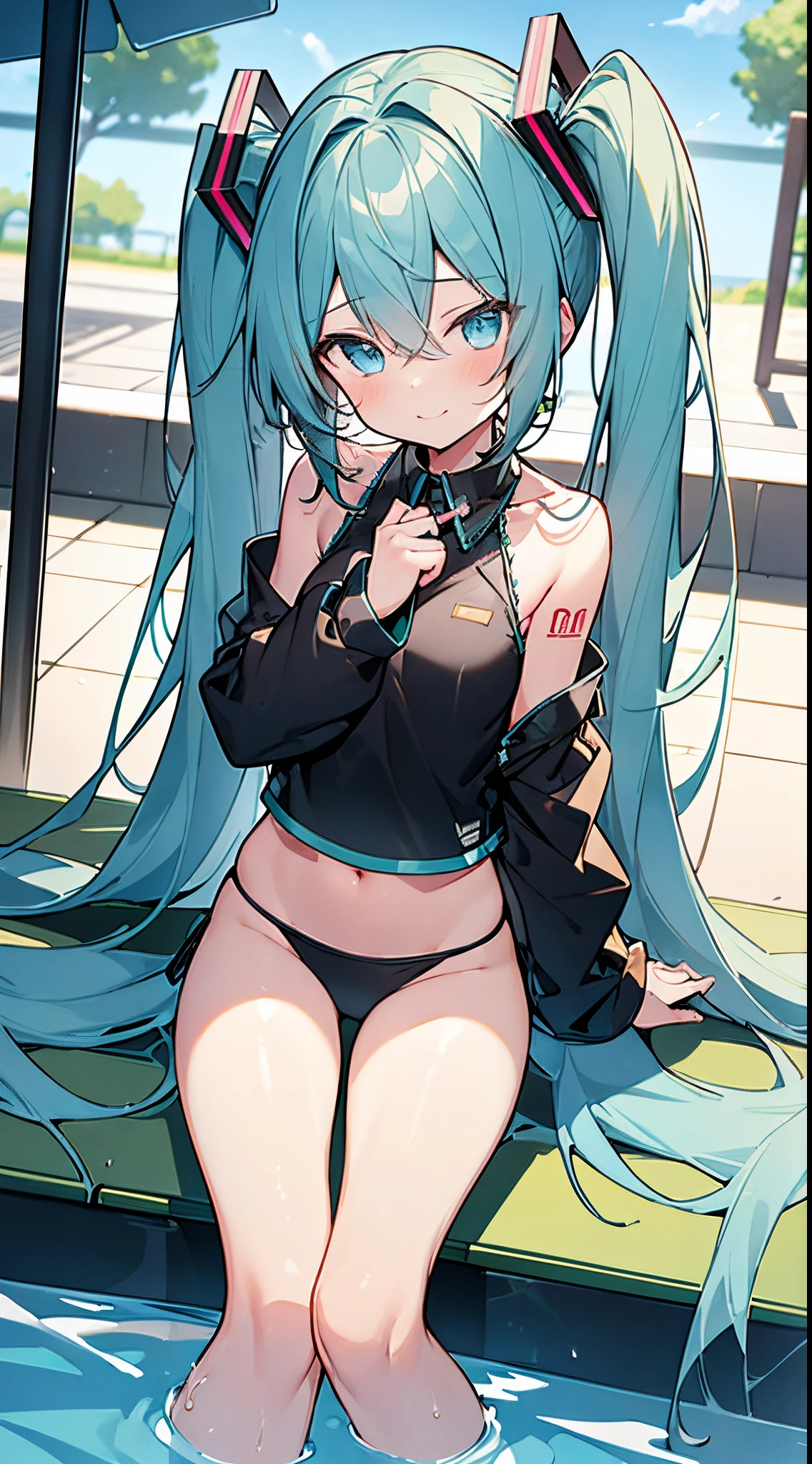 (8K、Top image quality、top-quality、masterpiece)、1 girl in、Twin-tailed、Hatsune Miku、light blue eyes、A slight smil、Smaller chest、(black bikini)、Sit by the pool、cowboy shot、Anime Art