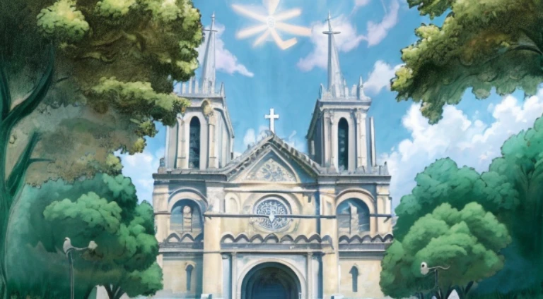 There is a cathedral，There is a clock in front, cathedral background, Church background, anime backgrounds, anime scene, cathedrals, Church background!, Anime background art, Anime landscapes, gothic church background, beautiful anime scenery, Anime beautiful peaceful scene, white church background, beautiful anime scenes, Today’s recommended anime is still, cathedrals!!!!!, a temple background