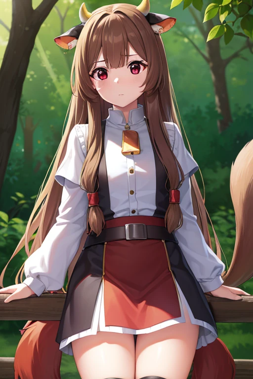 Lavtalia, Lavtalia, Animal ear, Brown hair, long whitr hair, raccoon ears, Raccoon girl, Raccoon tail, (red eyes:1.5), coda,
Rest arm garters, obi strip, Brown belt, brown robe, a skirt, juliet sleeves, longer sleeves, Fluffy sleeves, short skirt,
BREAK looking at viewer,
BREAK outdoors, ln the forest, naturey, suns, Skysky, (cow boy shot:1.5),
BREAK BREAK BREAK (tmasterpiece:1.2), Best quality at best, A high resolution, Unity8k wallpapers, (illustratio:0.8), (美丽细致的眼睛:1.6), Extremely detailed face, perfect litthing, extremely detremely detailed CG, (Perfect hands, perfect anatomia),