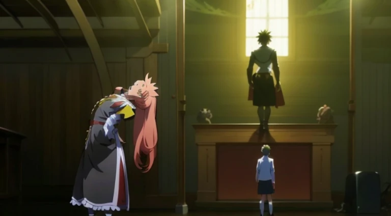 Anime scene of a man and a woman standing in front of the stage, An ahoge stood upside down on her head, Today’s recommended anime is still, Ominous figures appear in the background, Crazy girl summons her death, in an anime masterpiece, anime scene, in the anime film, Screenshots from the 2012 animation, ancient magician, Screenshot of the animated movie